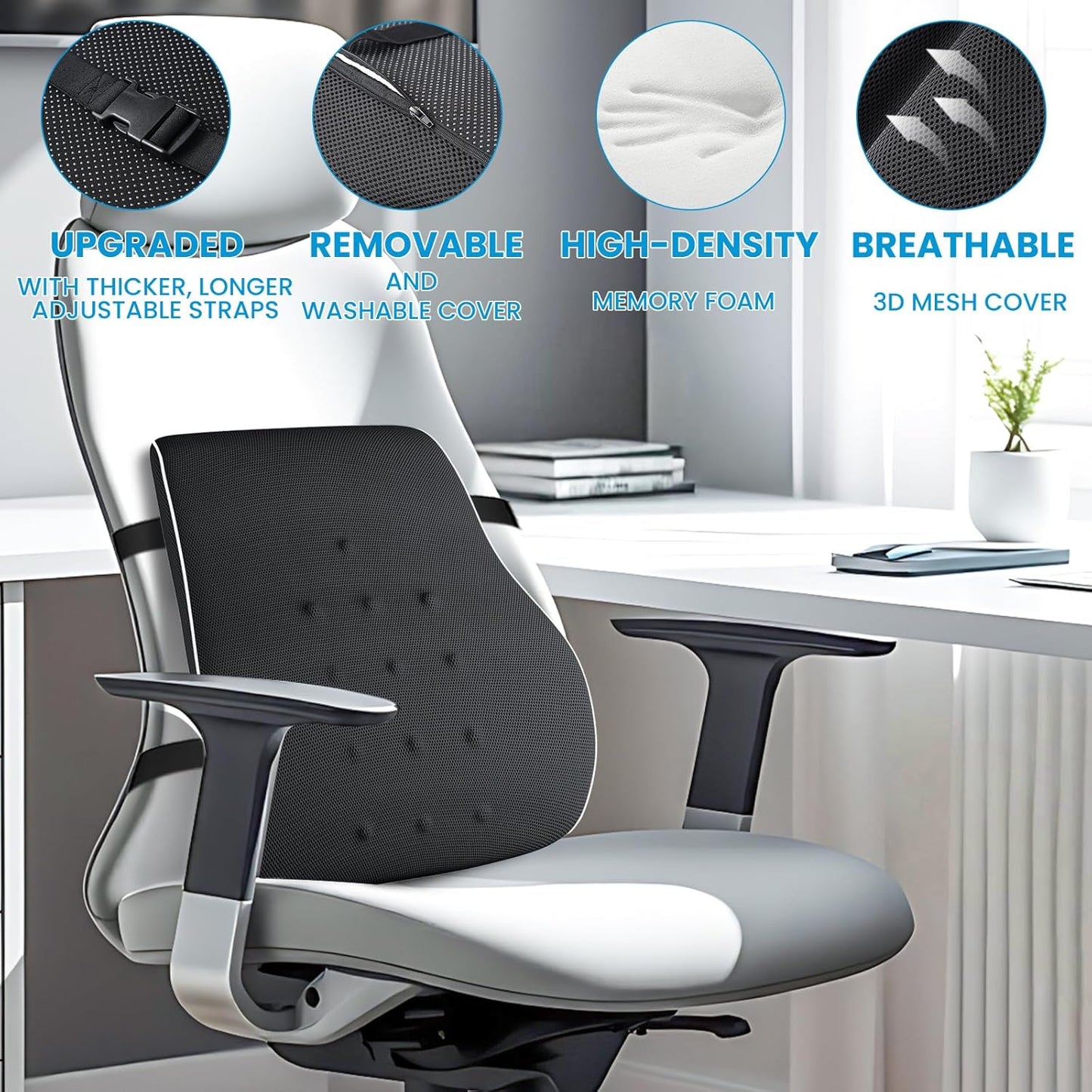 Lumbar Support Pillow for Office Chair Car Memory Foam Back Cushion Back Pain Relief Improve Posture Large Back Pillow for Computer, Gaming Chair, Recliner with Mesh Cover Double Adjustable Straps