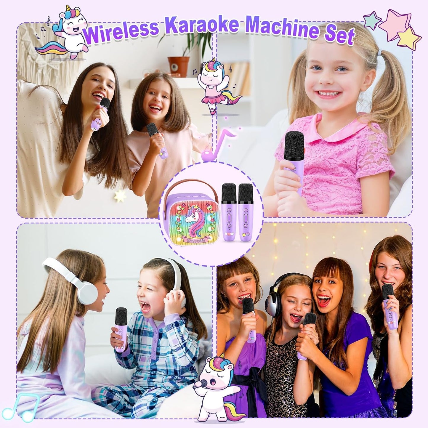 Mini Karaoke Machine for Kids, Exssary 3 4 5 6 7 8-12 Year Old Girl Gifts Portable Bluetooth Speaker with 2 Wireless Microphone Unicorn Toys Birthday Gifts for Girls Kids Teens (Pink)