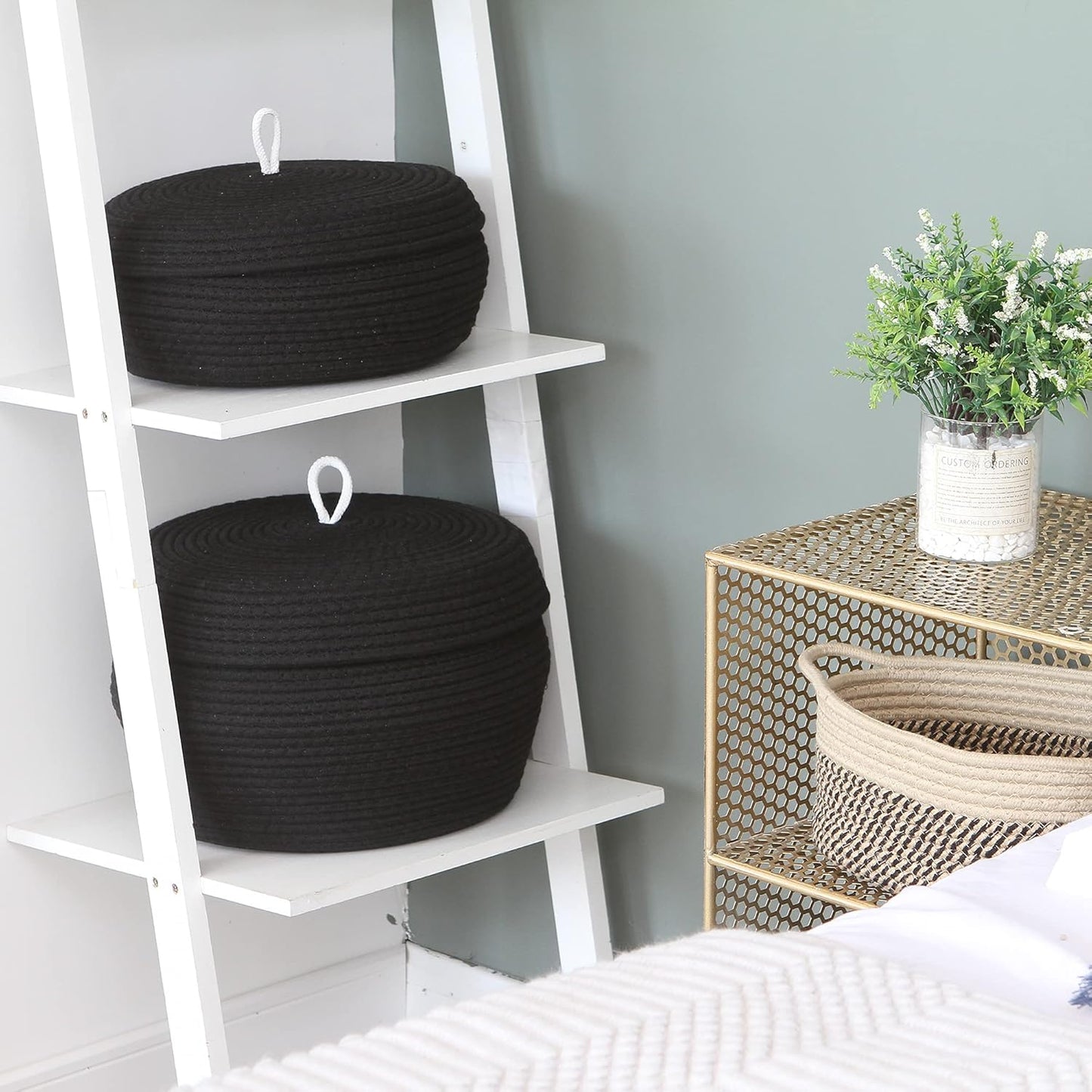 Sea Team Round Cotton Rope Storage Basket with Lid, Decorative Woven Storage Bin, Pot, Caddy, Organizer, Container for Snacks, Towels, Plants (Grey, Small)