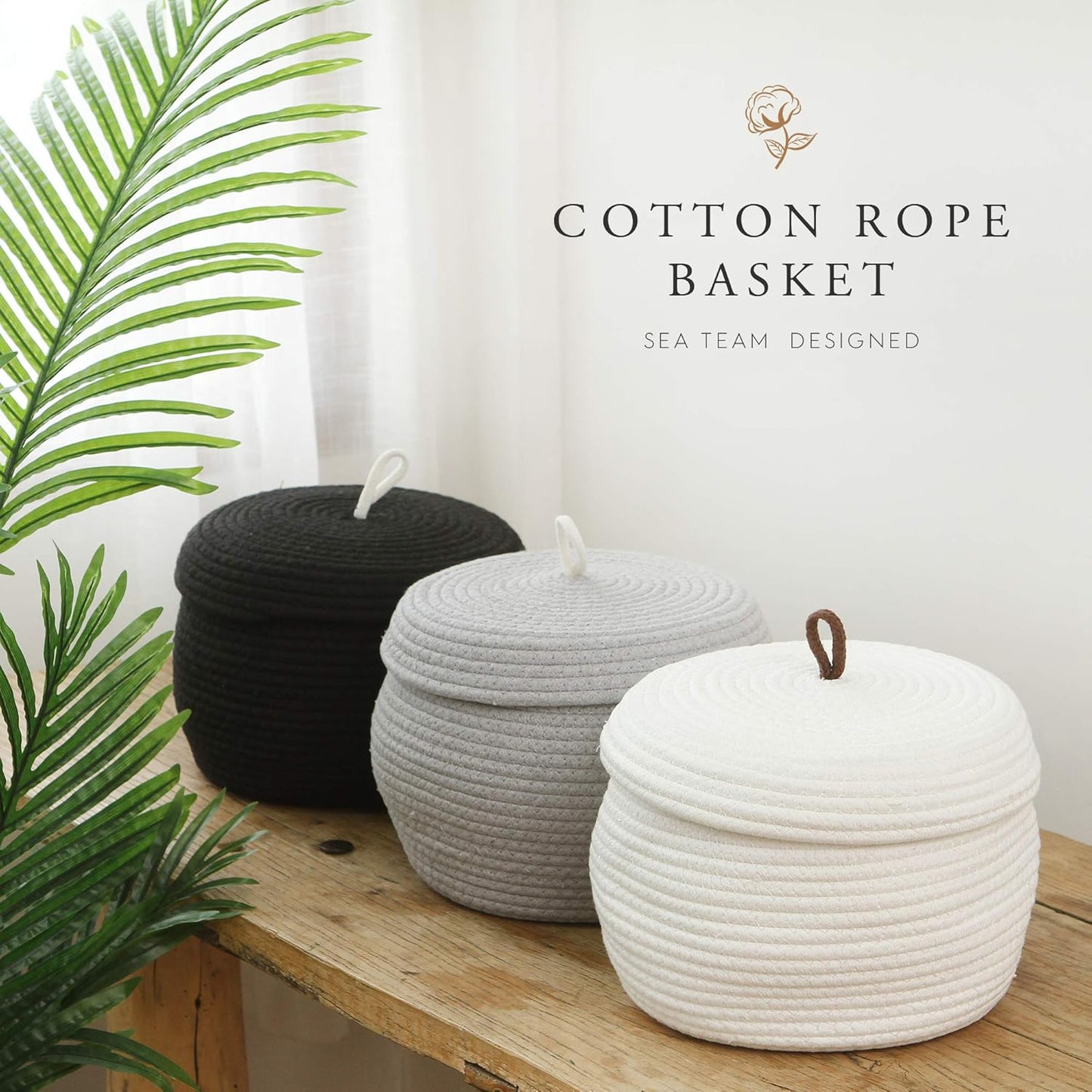 Sea Team Round Cotton Rope Storage Basket with Lid, Decorative Woven Storage Bin, Pot, Caddy, Organizer, Container for Snacks, Towels, Plants (Grey, Small)
