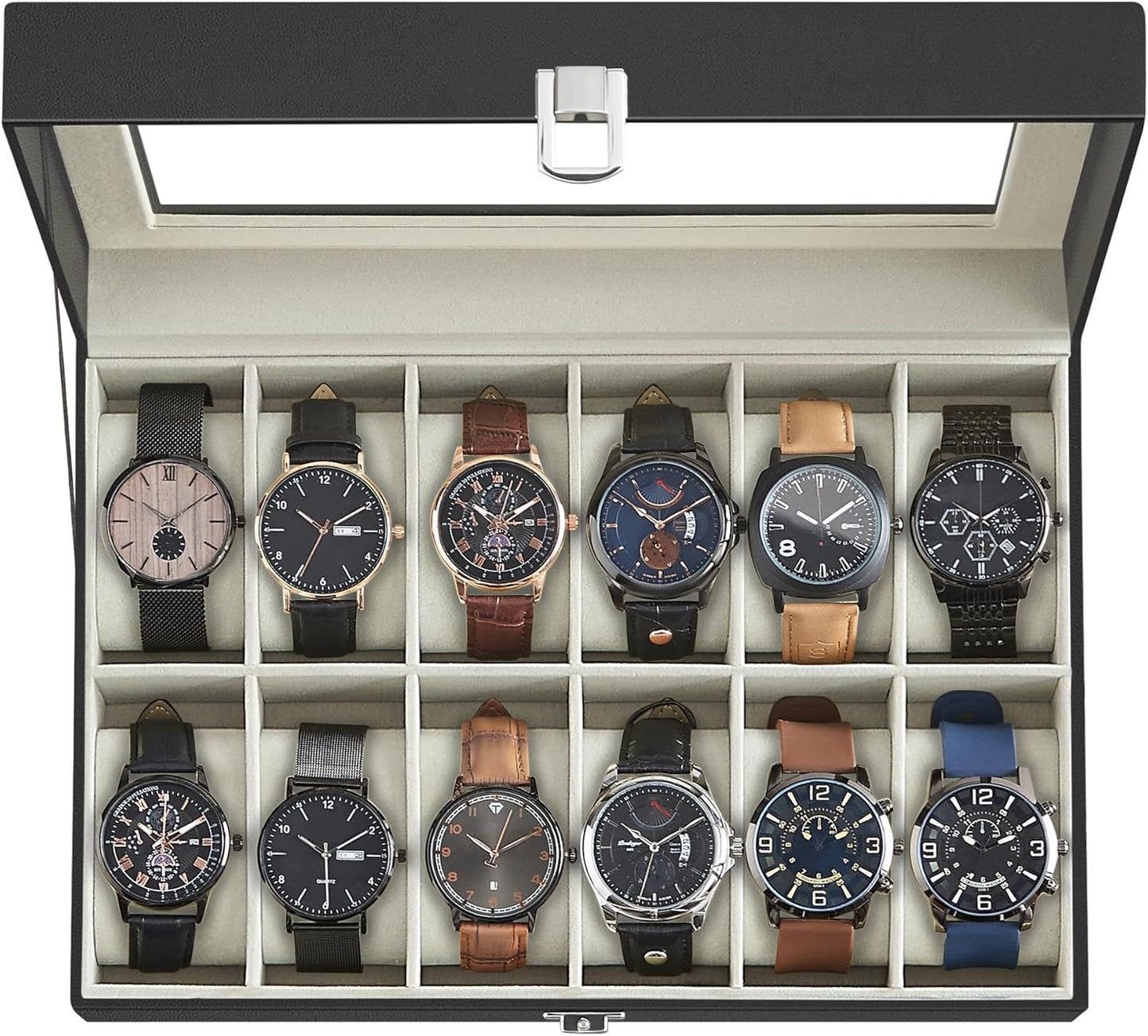 SONGMICS Watch Box, 6-Slot Watch Case, Watch Box Organizer, Black Synthetic Leather, Greenish Gray Lining UJWB06BK