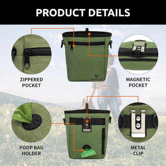 VANNMESTER Dog Treat Pouch with Stronger Magnetic Closure Dog Treat Pouch 4 Cup Front Pocket fits All Phones Built-in Poop Bag Dispenser (Green) - PuriLite