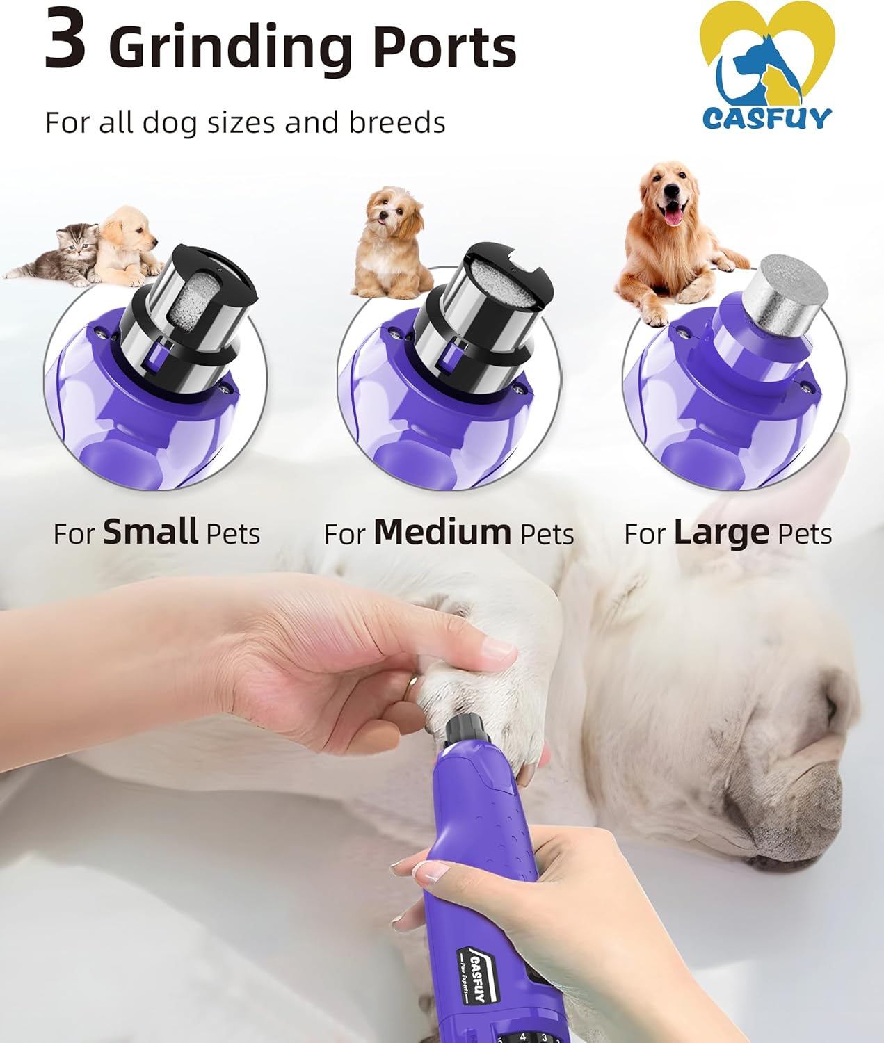 Casfuy Dog Nail Grinder Quiet - (45db)6-Speed Pet Nail Grinder with 2 LED Lights for Large Medium Small Puppy Dogs/Cats, Professional 3 Ports Rechargeable Electric Dog Nail Trimmer with Dust Cap(Blue)