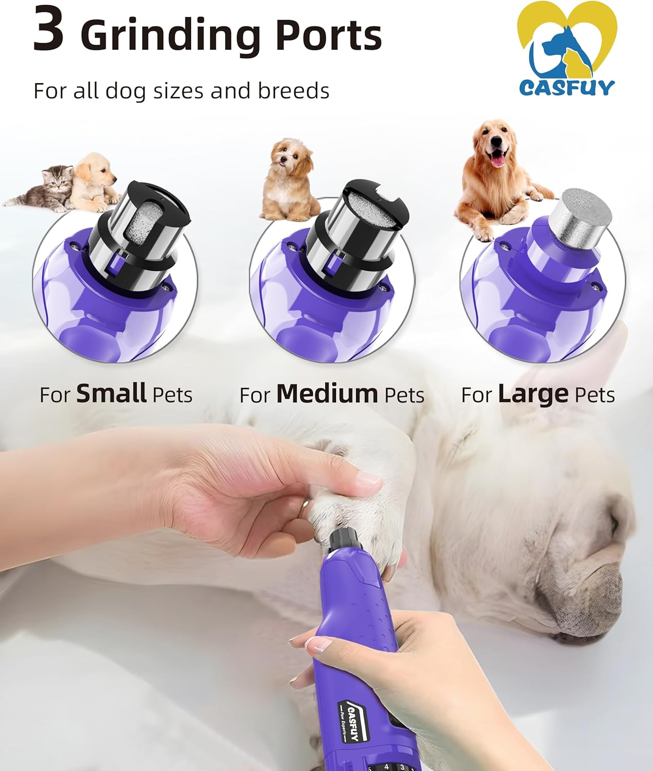 Casfuy Dog Nail Grinder Quiet - (45db) 6-Speed Pet Nail Grinder with 2 LED Lights for Large Medium Small Puppy Dogs/Cats, Professional 3 Ports Rechargeable Electric Dog Nail Trimmer with Dust Cap (P)