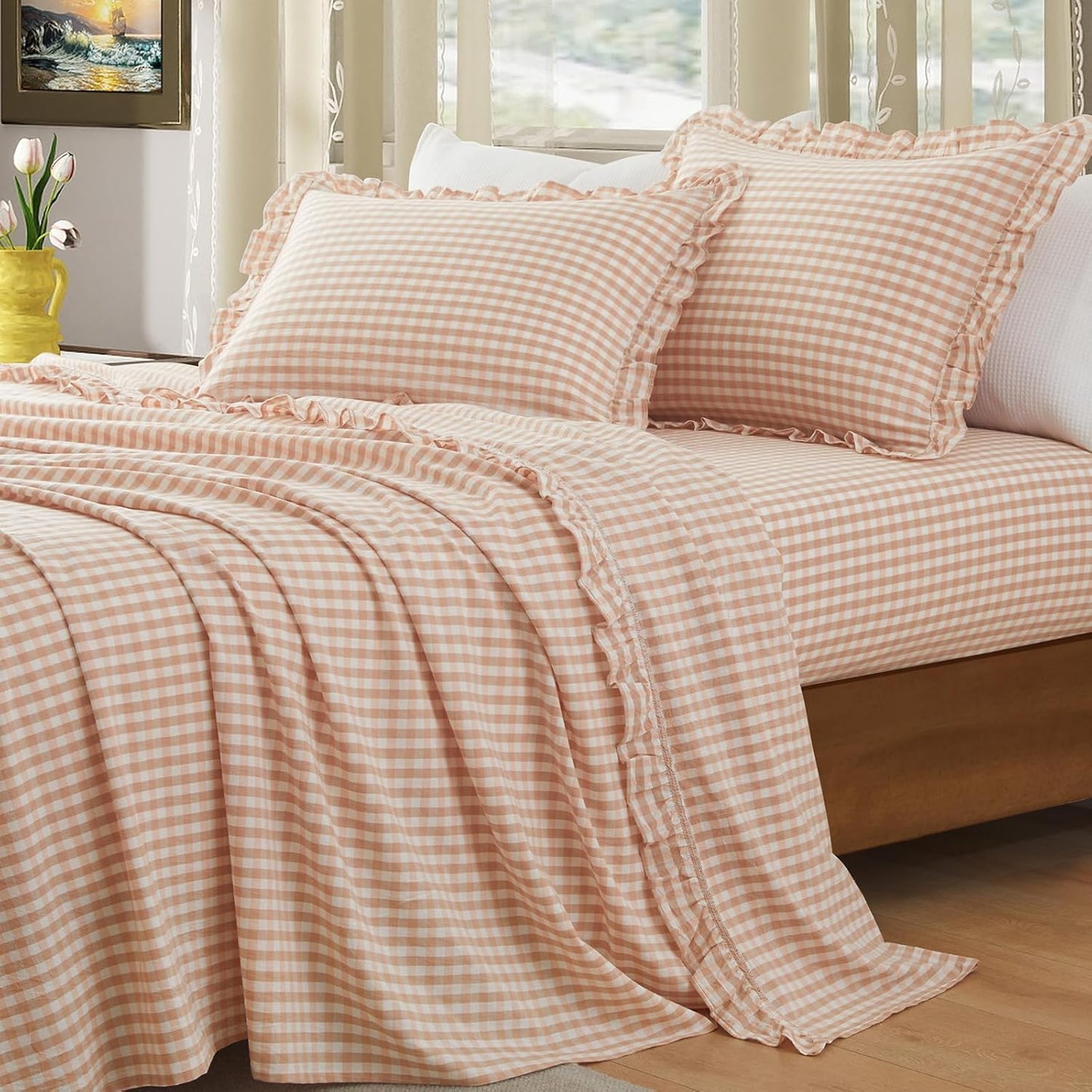 KKJIAF 3 Pieces Plaid Ruffle Twin Bed Sheets, Gingham Twin Sheet Set Comfy Breathable Ruffed Bed Sheet Set with 16 Inch Deep Pocket, Dusty Blue