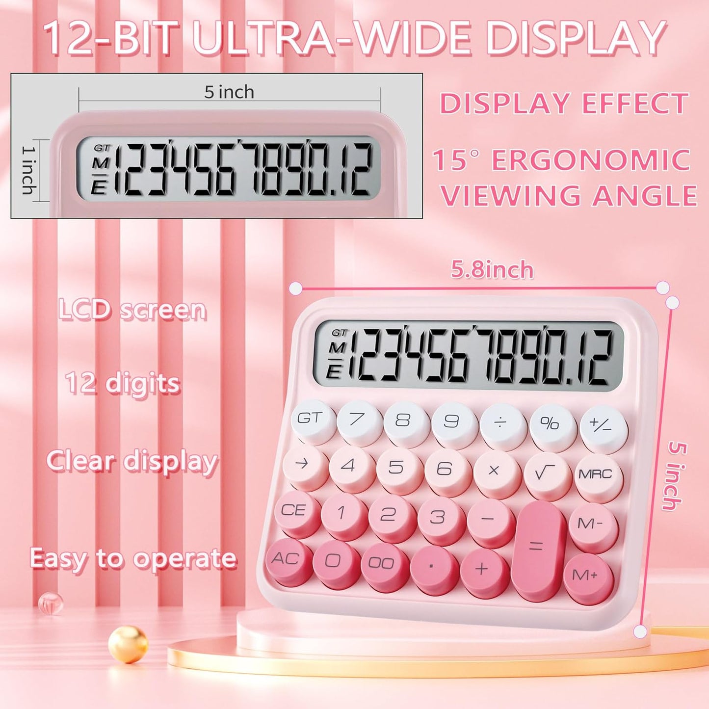VEWINGL Mechanical Switch Calculator, 12 Digit Large LCD Display and Buttons, Great for Everyday Life and Basic Office Work, with Battery
