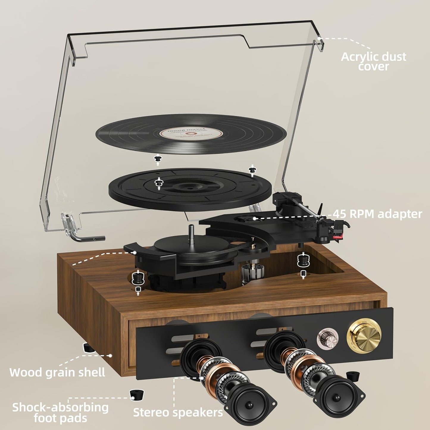 Record Player, FYDEE Vinyl Player with Bluetooth 3-Speed Turntable for Vinyl Records (33/45/78 RPM) with Built-in Bluetooth Receiver & Transmitter, RCA Out/USB in, Dust Cover (Ebony)
