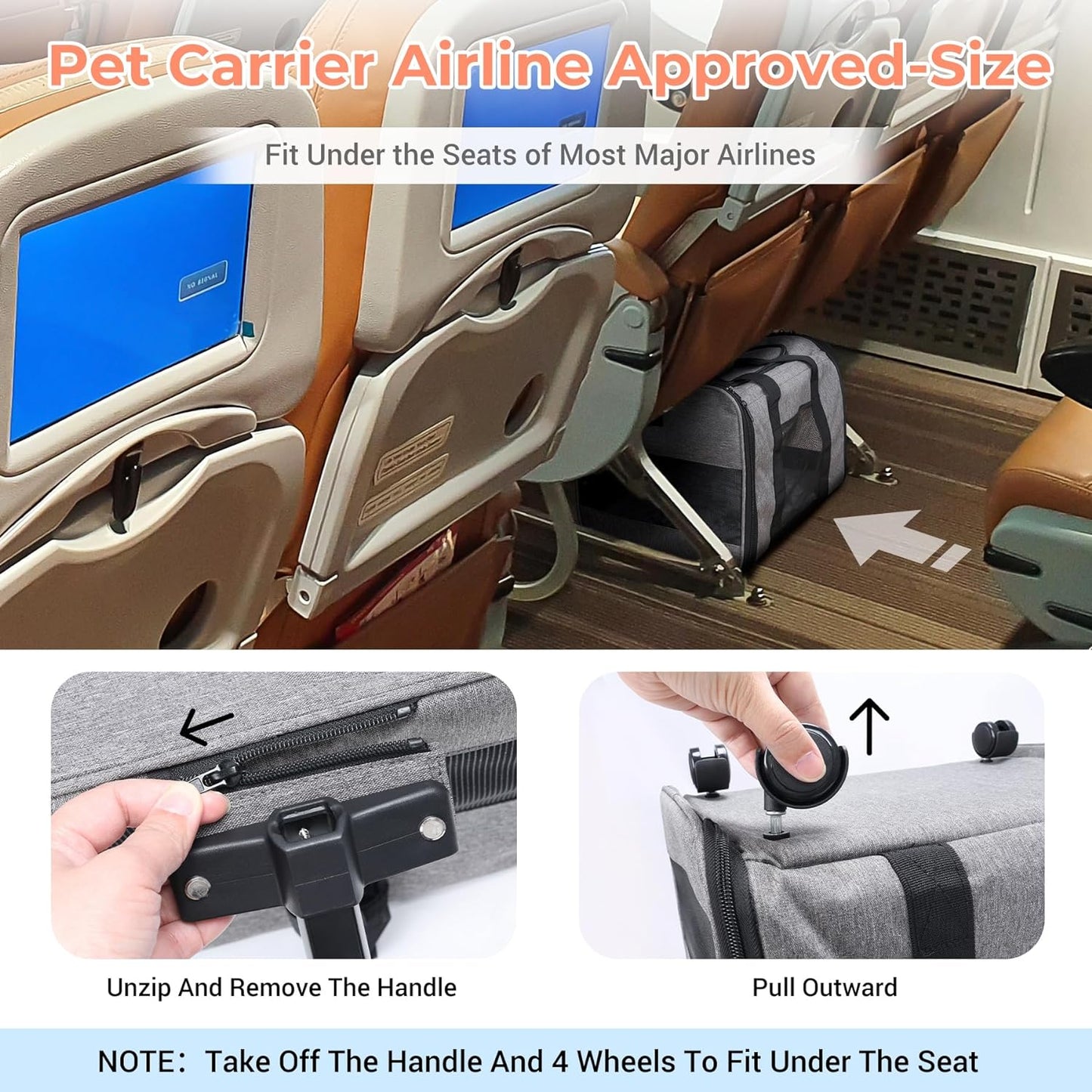COOLBEBE Cat Dog Carrier with Upgraded Wheel, Collapsible Airline Approved Pet Carriers for Small Dogs and Cats,Soft Animal Travel Carrier Bag for Flight Outdoor Camping (Grey)