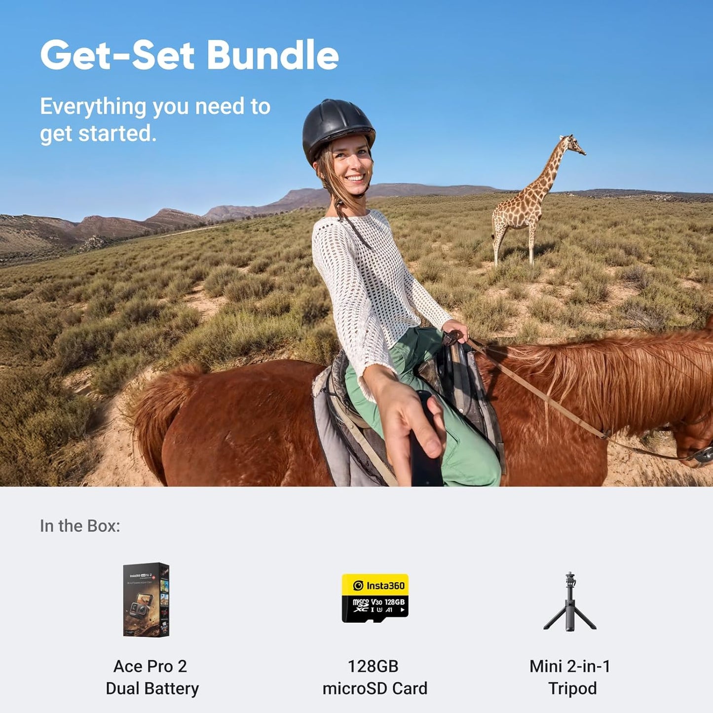 Insta360 Ace Pro 2 Get-Set Bundle- 8K Waterproof Action Camera Co-Engineered with Leica, 1/1.3" Sensor, Dual AI Chip, Leading Low Light, Superior Audio, Flip Screen & AI Editing, Dual Battery