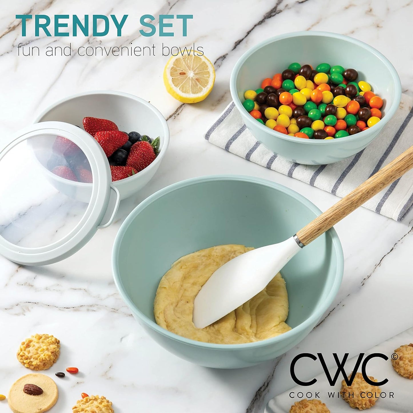 COOK WITH COLOR Mixing Bowls with TPR Lids - 12 Piece Plastic Nesting Bowls Set Includes 6 Prep Bowls and 6 Lids, Microwave Safe Mixing Bowl Set (Mint)