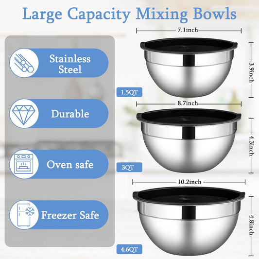 LIANYU Mixing Bowls with Lids Set of 3, Large & Small Stainless Steel Nesting Metal Bowls for Kitchen Storage, Dishwasher Safe, Size 1.5QT & 3QT & 4.6QT, Black - PuriLite
