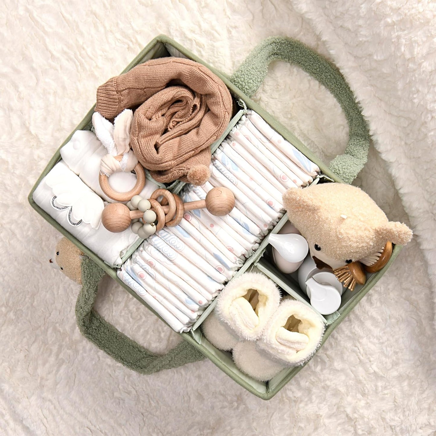 PeraBella Baby Diaper Caddy Organizer, Baby Organizers and Storage for Changing Table, Babies Shower Gift Basket for Boy &Girl, Nursery Essentials Car Caddy Organizer with Handle, White Diaper Basket