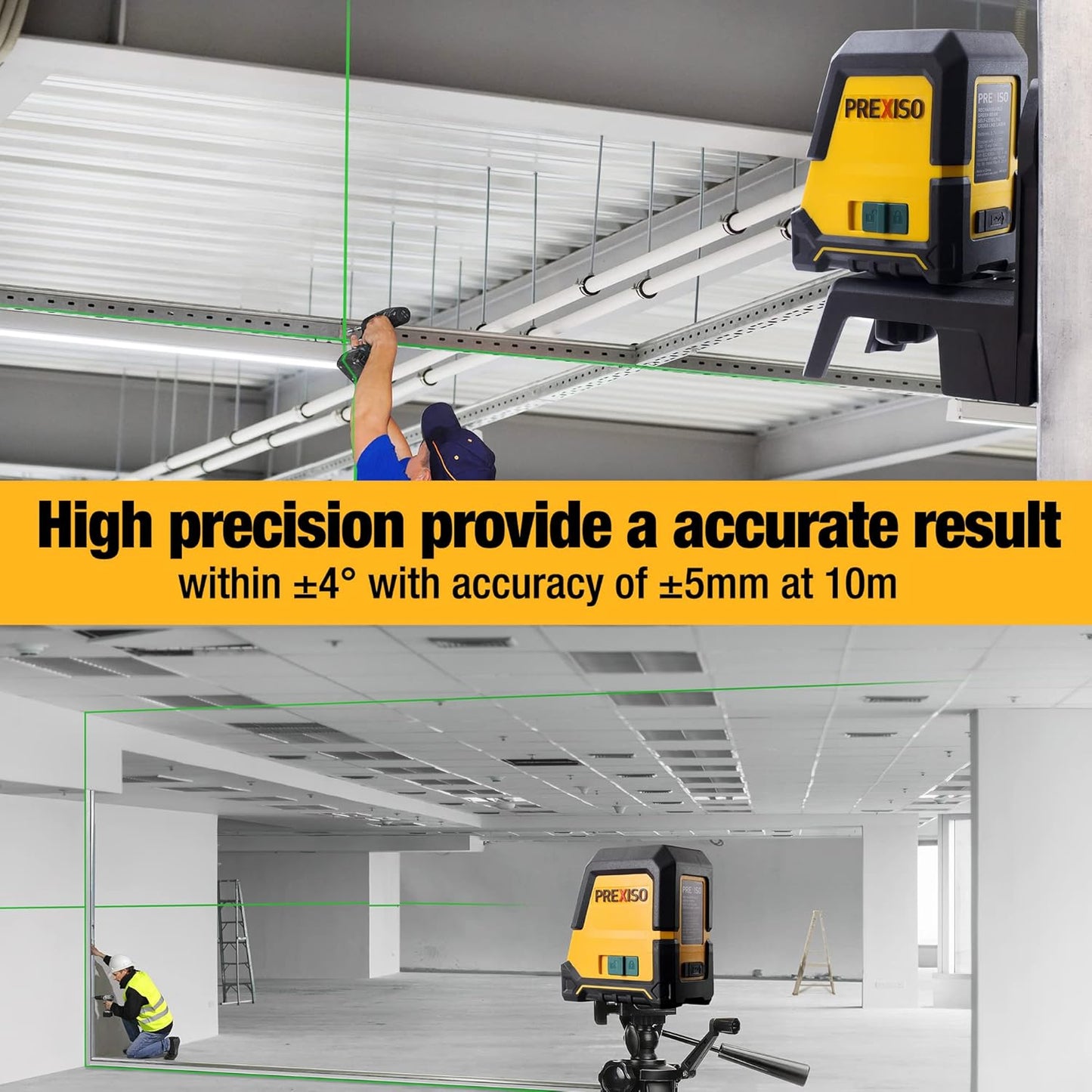 PREXISO Laser Level Self Leveling, 100 Ft Rechargeable & Selectable Green Cross Line Laser Level for Construction, Floor Tile, Home Renovation with Magnetic Pivoting Base, Target Plate & Portable Bag