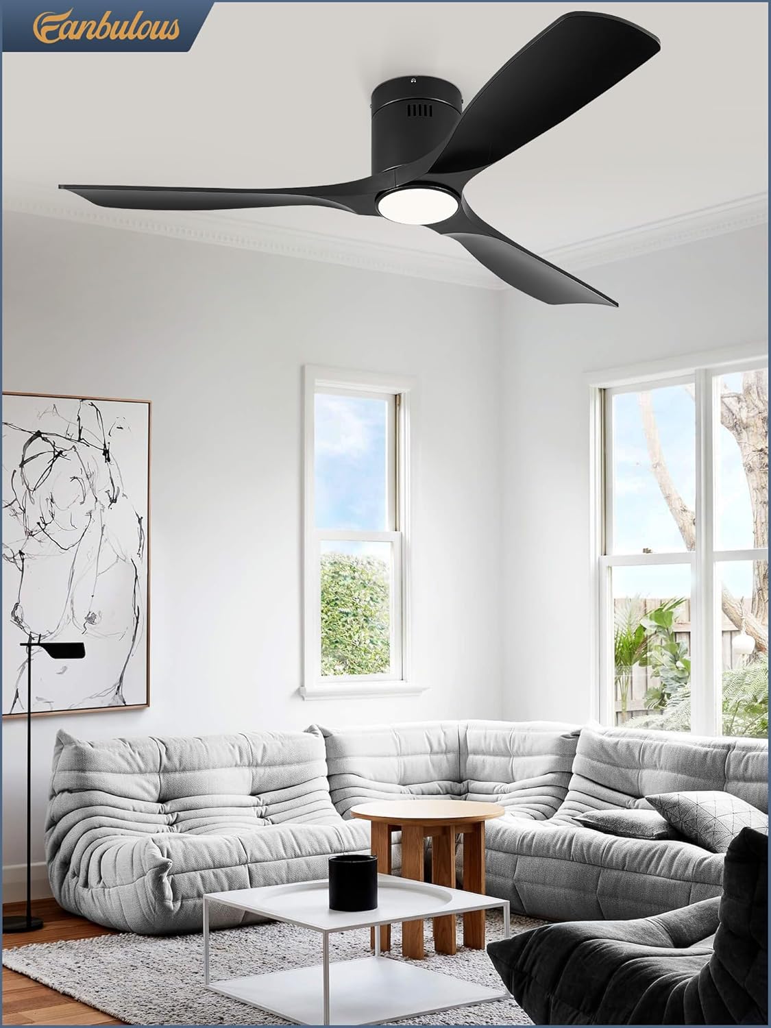 Fanbulous 52" Ceiling Fans with Lights and Remote Control,Modern Flush Mount Ceiling Fan with 3 LED Colors,Outdoor Low Profile Ceiling Fans with 6-Speeds Timer DC Motor for Bedroom Living Room Patio