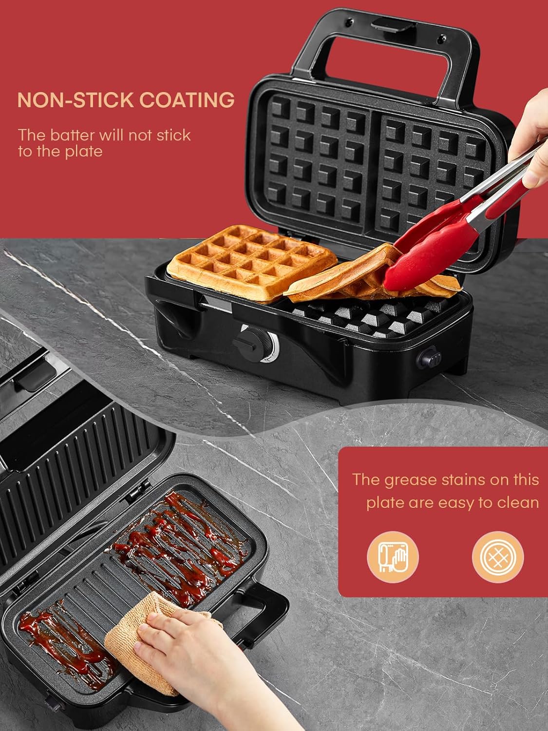 FOHERE 3-in-1 Waffle Maker, Sandwich Maker, Panini Press with Removable Plates, 5-Gear Temperature, LED Indicator Lights, Portable Handle, 1200W Belgian Electric Grill Cheese Machine