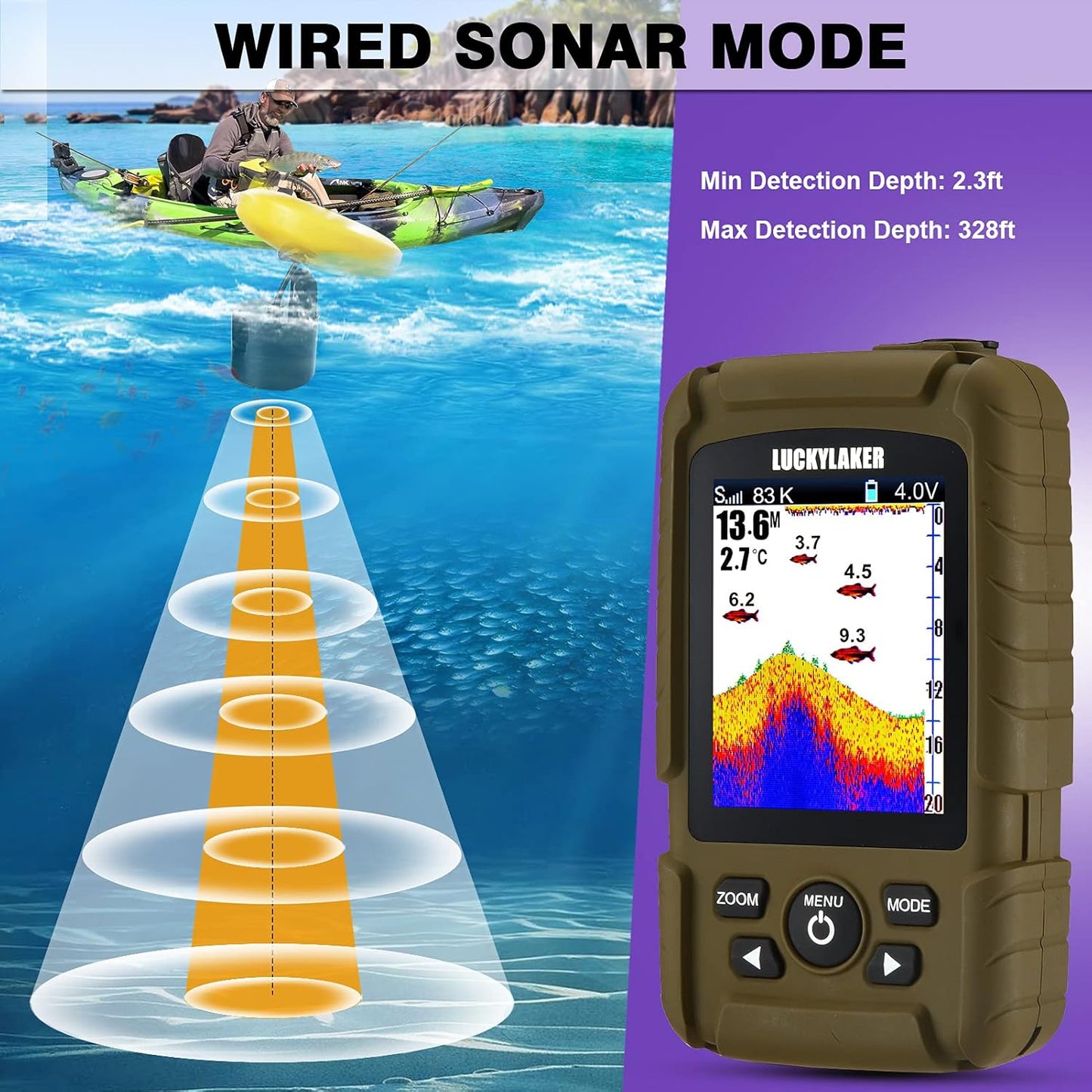 LUCKYLAKER Sensor Handheld Fish Finder Water LCD Boat Depth Finder Display Transducer Wireless Waterproof Fish Finders Transducer Fishing Gift