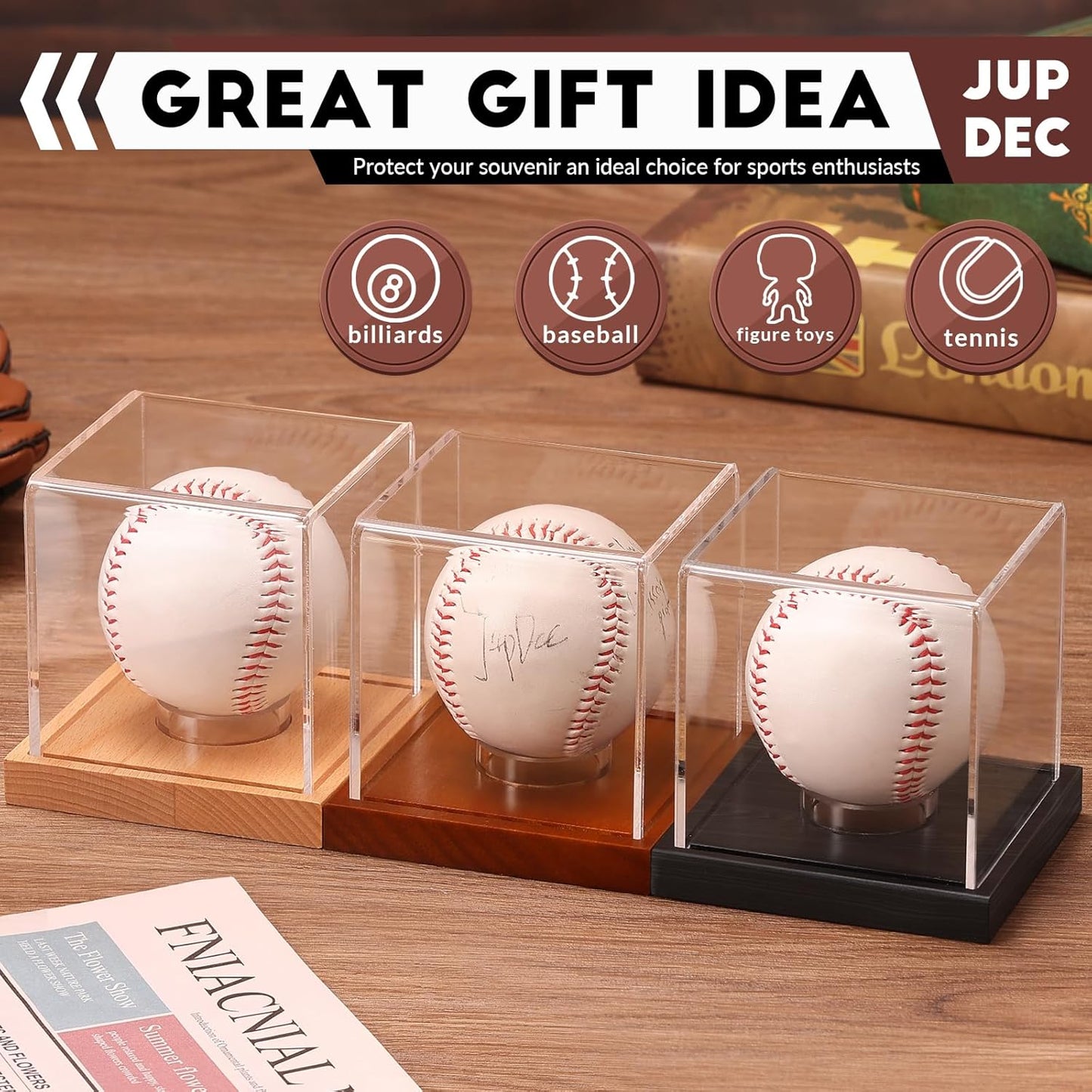 JupDec Baseball Display Case, Clear Cube Baseball Holder with Wooden Base, Autograph Baseball Stand Box for Single Ball, Acacia Wood, Brown, 1 Pack