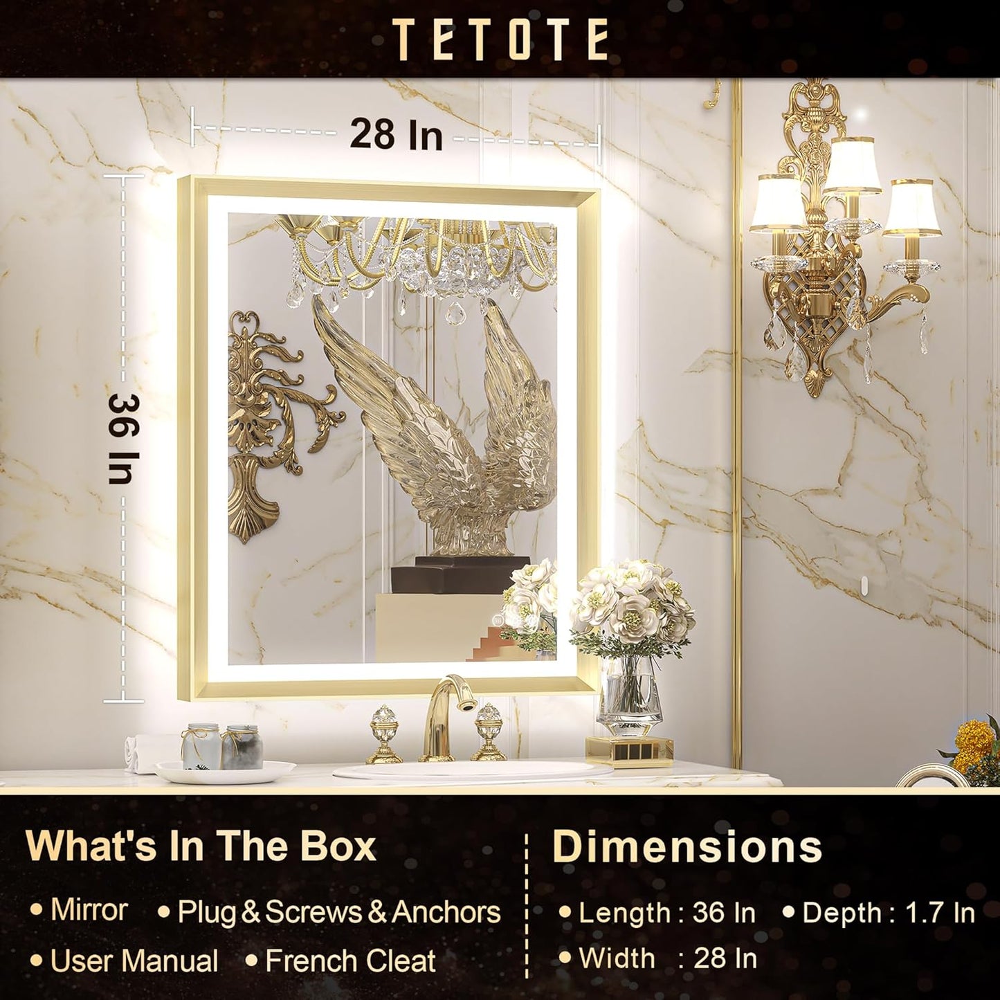 TETOTE 28x36 LED Mirror for Bathroom Black Metal Frame Frontlit & Backlit Lighted Vanity Mirror Baroque Gothic Anti Fog Stepless Dimmable White/Warm/Natural,Wall Mounted(Horizontal/Vertical)