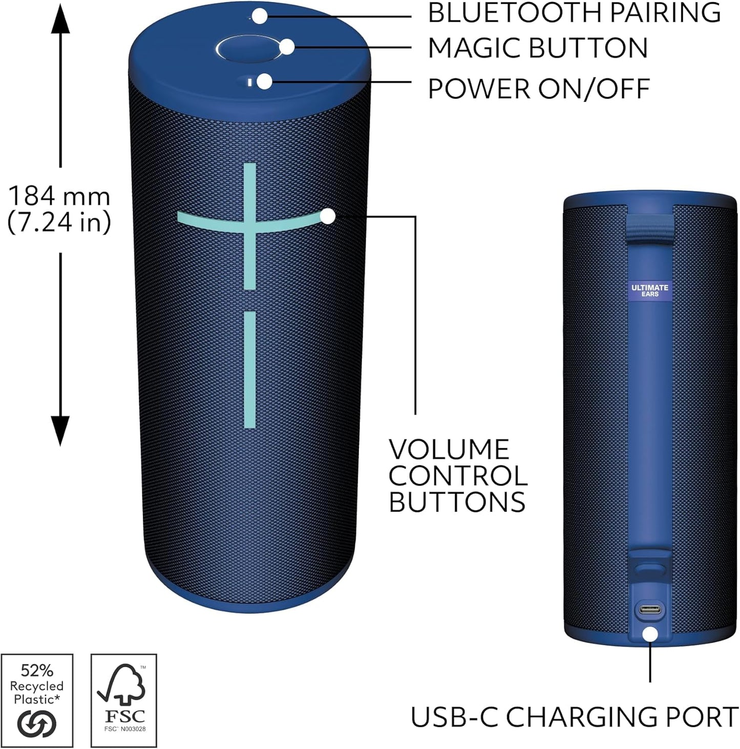 Ultimate Ears Boom 4 Portable Waterproof Bluetooth Speaker with 360-Degree, Bold, Immersive, Crystal-Clear Sound, Floating Speaker with 15-Hour Battery and 147ft (45m) Range - Blue