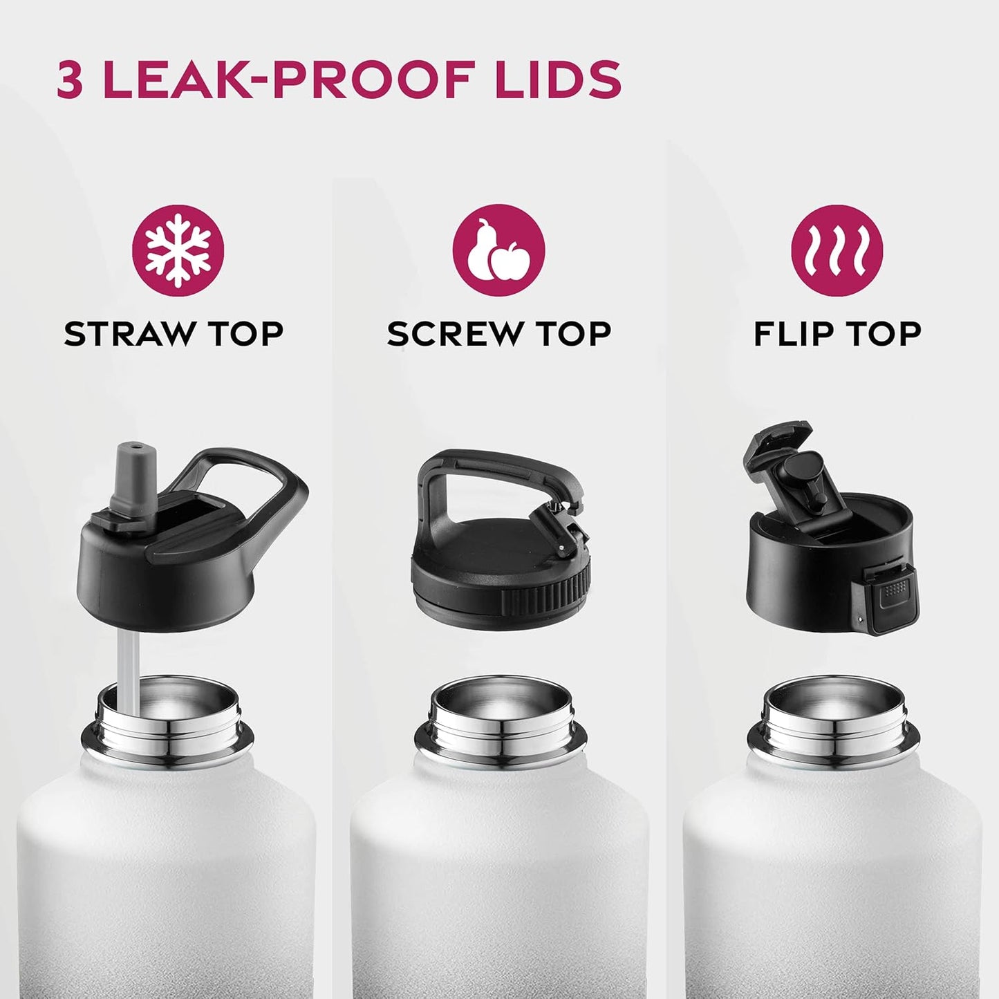 FineDine Water Bottle - Stainless Steel Insulated Water Bottle with Straw Lid, Flip Lid & Wide-Mouth Cap - Keeps Hot and Cold - 25 Oz / 739ml - Pure Pearly White