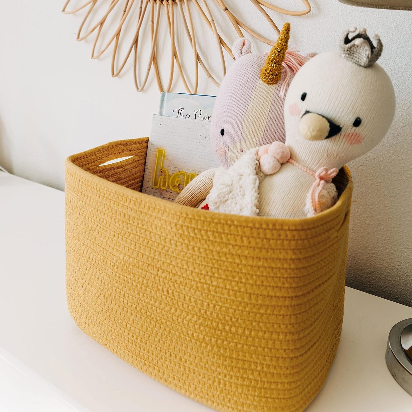 OrganiHaus Soft Woven Baskets for Storage Organization Set of 3, Cotton Rope Nursery Storage Baskets for Shelves, Square Book Bins, Bathroom Towel Hamper, Dog Toy Bins, Panier Rangement - Light Honey