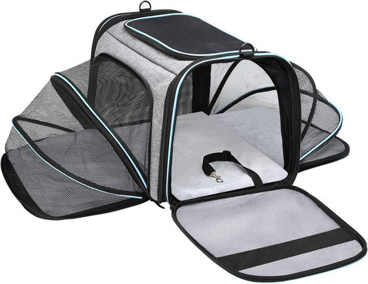 MASKEYON Airline Approved Portable Pet Carrier 2 Sides Expandable Soft-Sided Large Cats Carrier Collapsible Kennel Travel TSA Carrier 4 Doors with Removable Pads and 3 Pockets for Puppy Small Dogs