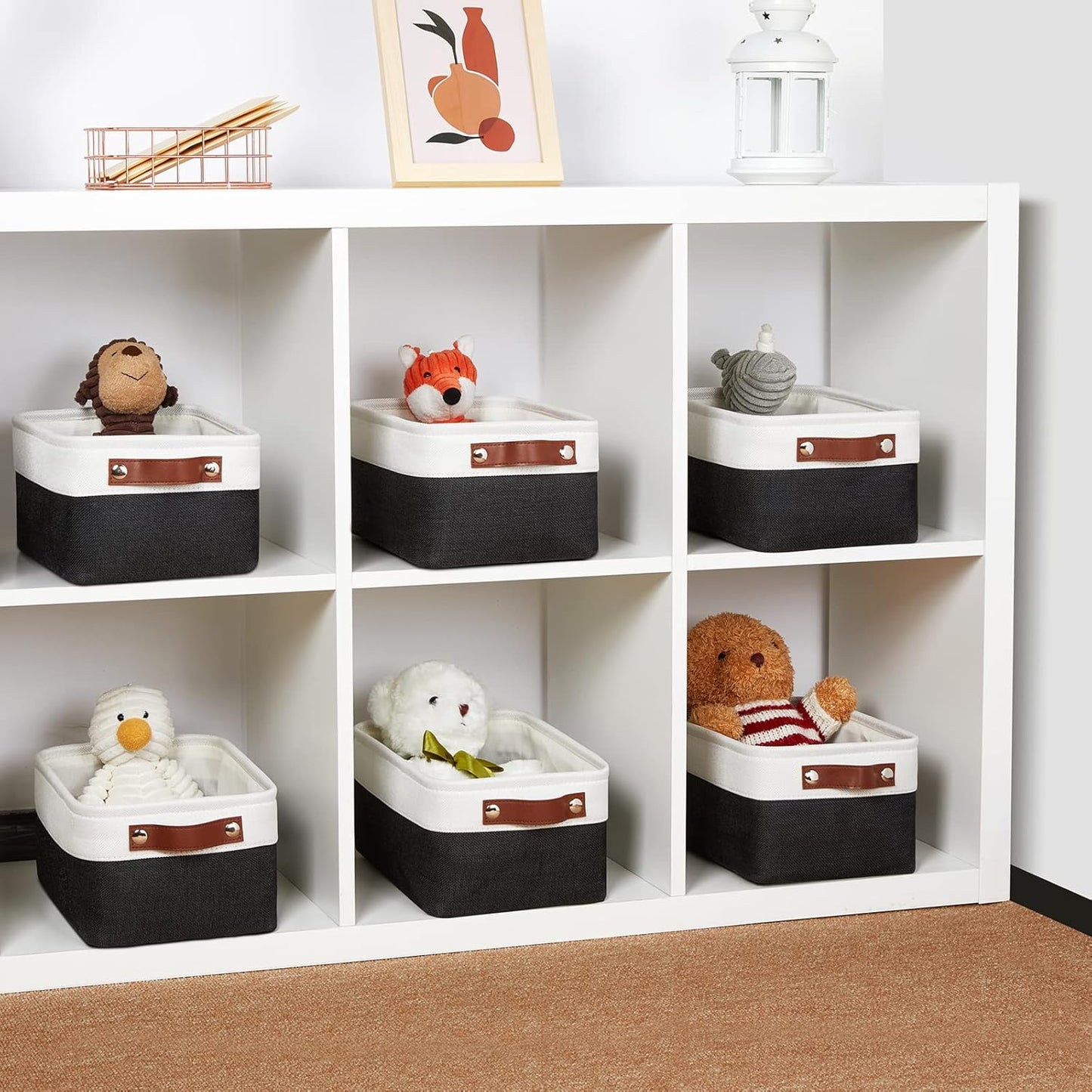 DULLEMELO Storage Baskets for Shelves, Fabric Collapsible Rectangular Storage Bins for Shelves, Closets, Nursery, Home, Office, Empty Gift Baskets (White&Teal)