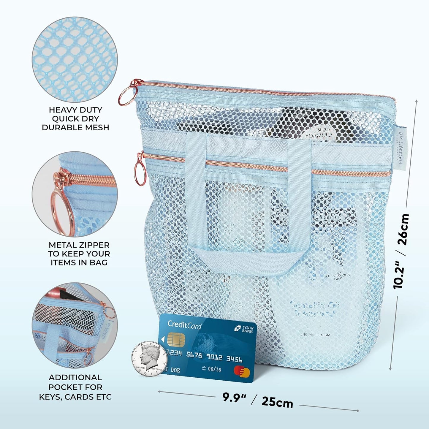 Mesh Shower Caddy Portable 10.2x9.9'' Shower Bag with Zipper & 2 Pockets. Shower Tote Ideal for Gym, Travel, Camp, Beach, for Sunscreen, Dorm & College Essentials (Black)