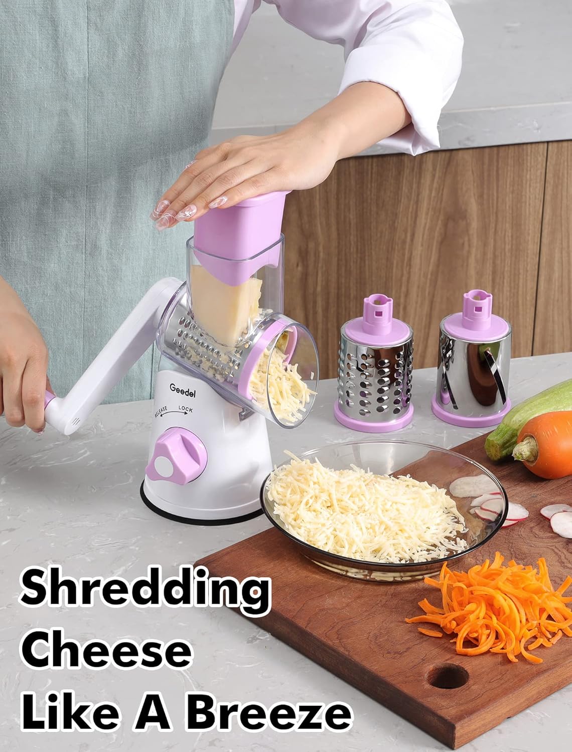 Geedel Kitchen Cheese Grater, Rotary Mandoline Vegetable Slicer with Interchangeable Blades, Easy to Use Rotary Grater Slicer for Fruit, Vegetables, Nuts
