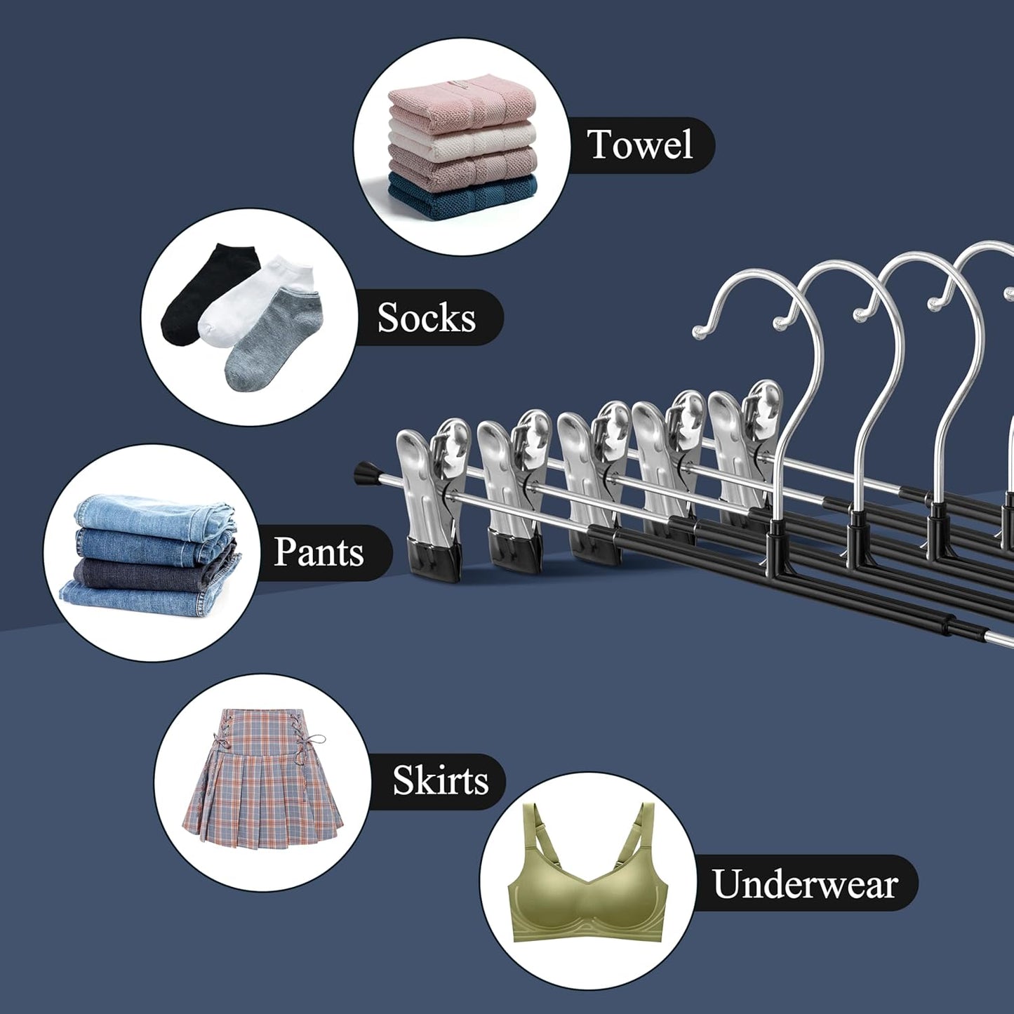 14Inch Black Pants Hangers with Clips 10 Pack Adjustable Skirt Hangers for Women Non-Slip Trousers Hanger for Jeans Clothes Hangers for Pants Heavy Duty Space Saving Shorts Hangers