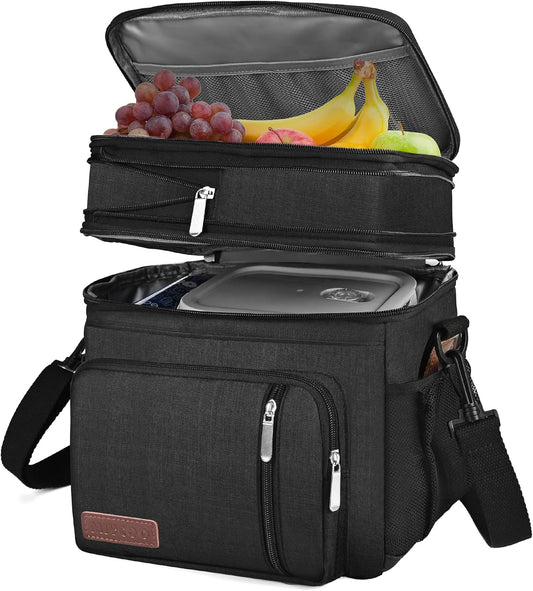 Lunch Bag for Women Men Double Deck Lunch Box - Leakproof Insulated Soft Large Lunch Cooler Bag, MIYCOO (Black,15L)