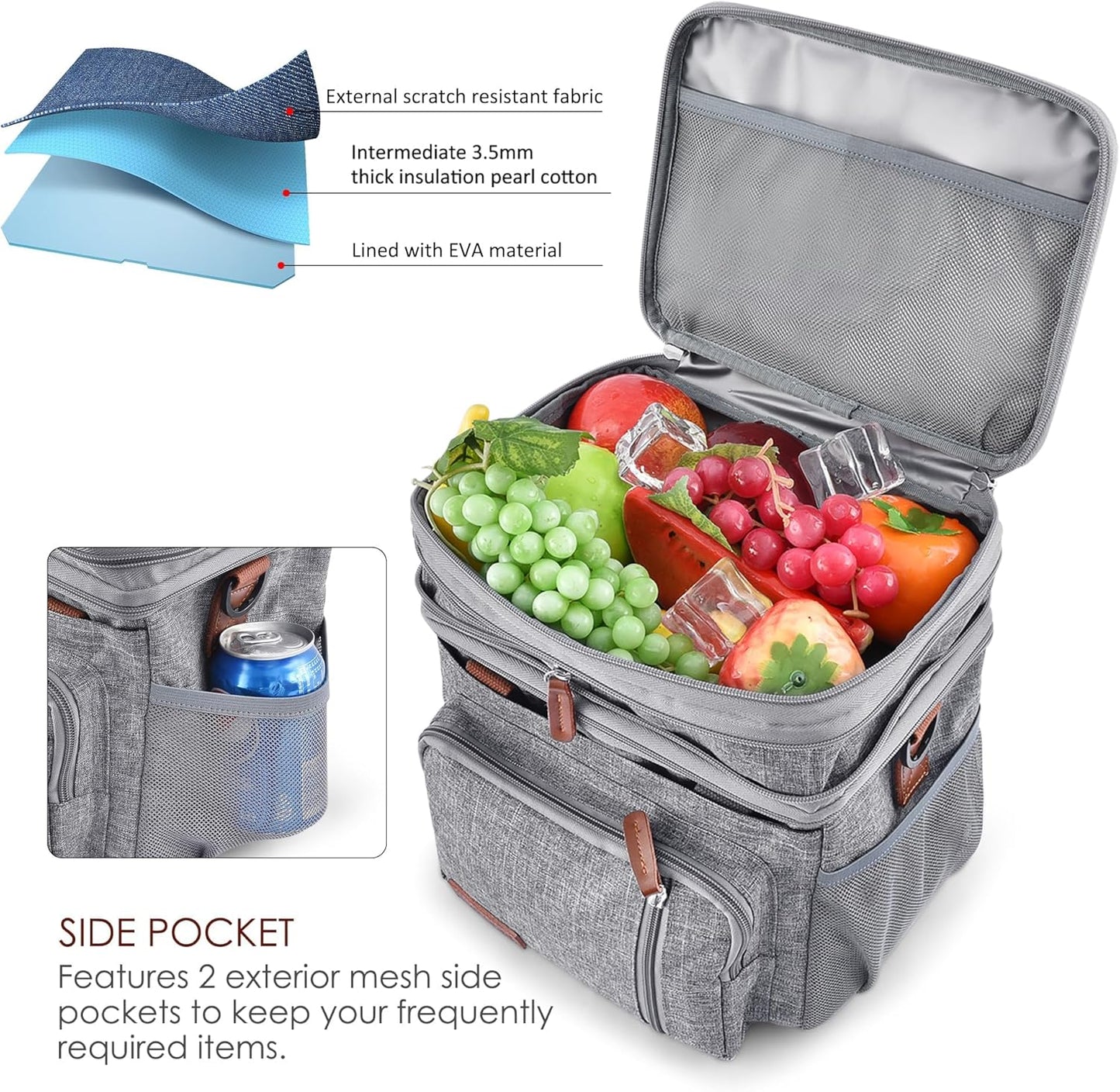 Lunch Bag for Women Men Double Deck Lunch Box - Leakproof Insulated Soft Large Lunch Cooler Bag, MIYCOO (Black,15L)