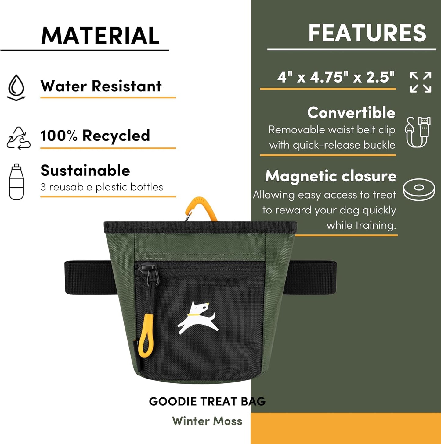 OllyDog Goodie Treat Bag, Dog Treat Pouch, Waist Belt Clip for Hands-Free Training, Magnetic Closure, Dog Training and Behavior Aids, Three Ways to Wear (Winter Moss) - PuriLite