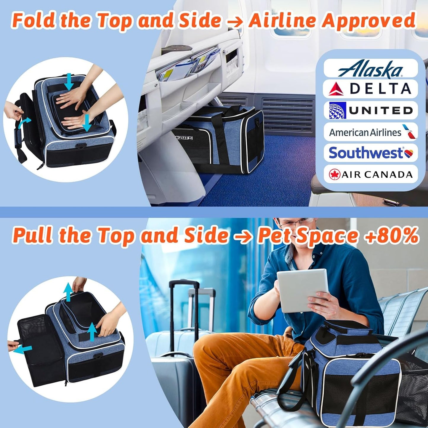 Petskd Top and Side Expandable Pet Carrier 17x12x8.5 Inches JetBlue Frontier Spirit Airline Approved, Soft-Sided Carrier for Small Cats and Dogs with Locking Safety Zipper and Anti-Scratch Mesh(Black)