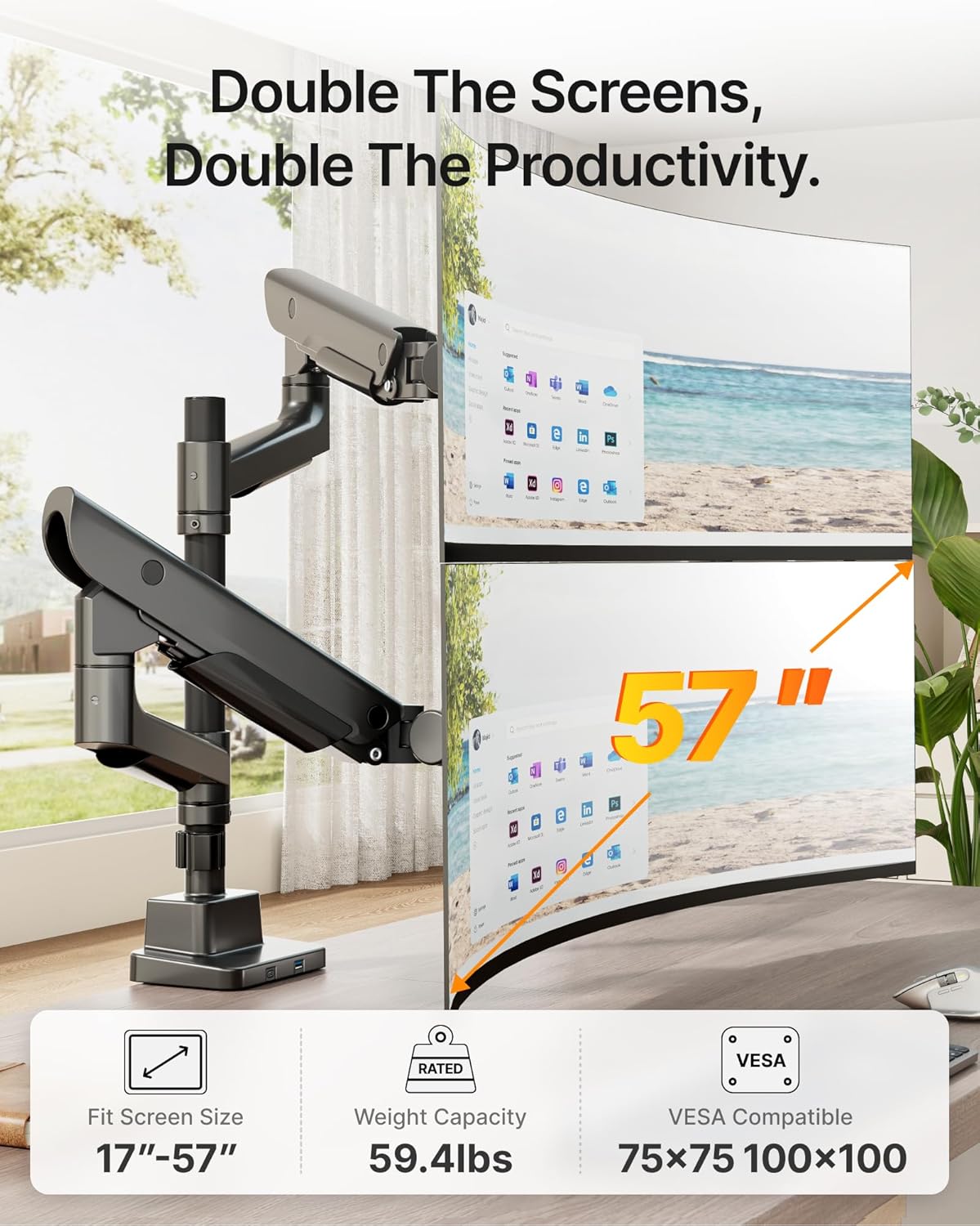 monTEK Premium Aluminum Monitor Arm for 17–57” Ultrawide Screens up to 59 lbs, USB 3.0 Dual Desk Mount with Adjustable Gas Spring, Quick-Release Plate, 10-Min Assembly, Clamp/Grommet, Max VESA 100x100