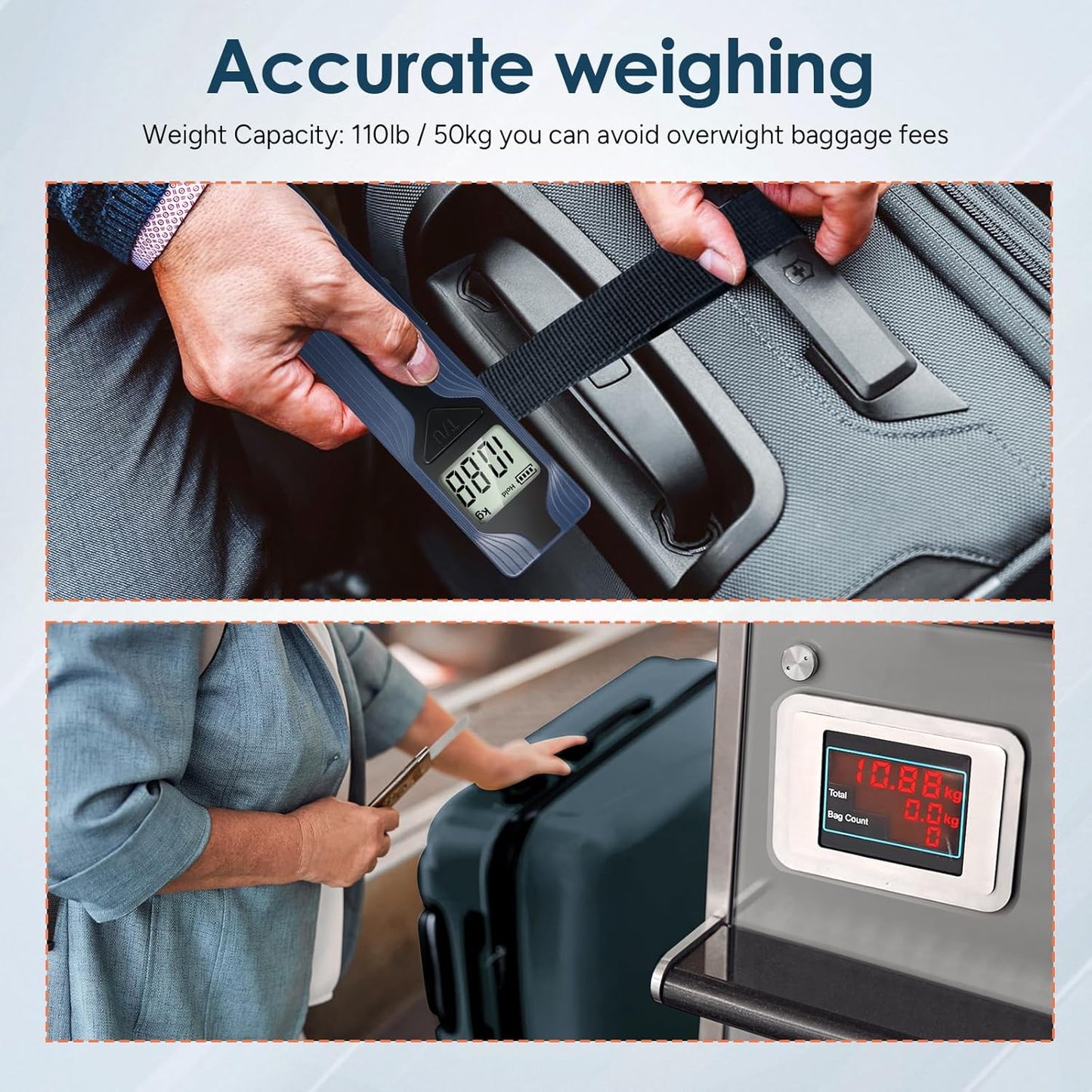 travel inspira Luggage Scale Battery-Free, Travel Essentials, Portable Handheld Digital Suitcase Weight Scale for for Travel Accessories, 110lbs/50kg (Gray)