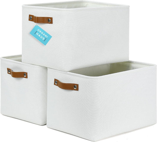OrganiHaus Large Fabric Storage Baskets for Shelves 3 Pack, 15x11in Closet Storage Bins for Shelves, Cloth Baskets, Fabric Storage Cubes, Linen Closet Organizers, Fabric Basket, White Basket - PuriLite