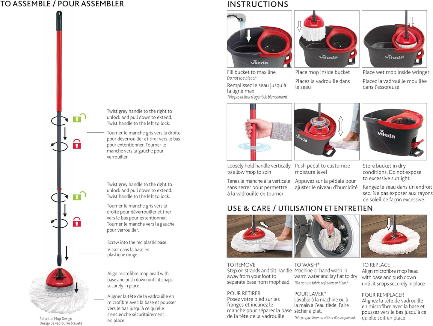 Vileda EasyWring Spin Mop & Bucket Floor Cleaning System with Power Mop Head | Hands-Free Wringing Mop Bucket | Extendable Handle | Safe on All Floor Types| Mop Refill Removes Tough Dirt and Grime