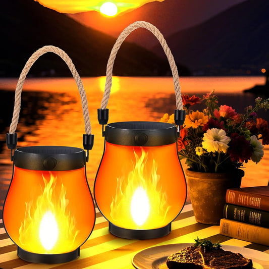 2 Pack Solar Flame Lantern Lights — Flickering Flame Hanging Lanterns Outdoor, Waterproof Garden Lights with 2 Modes Dual Charging USB & Solar Yard, Patio Decor