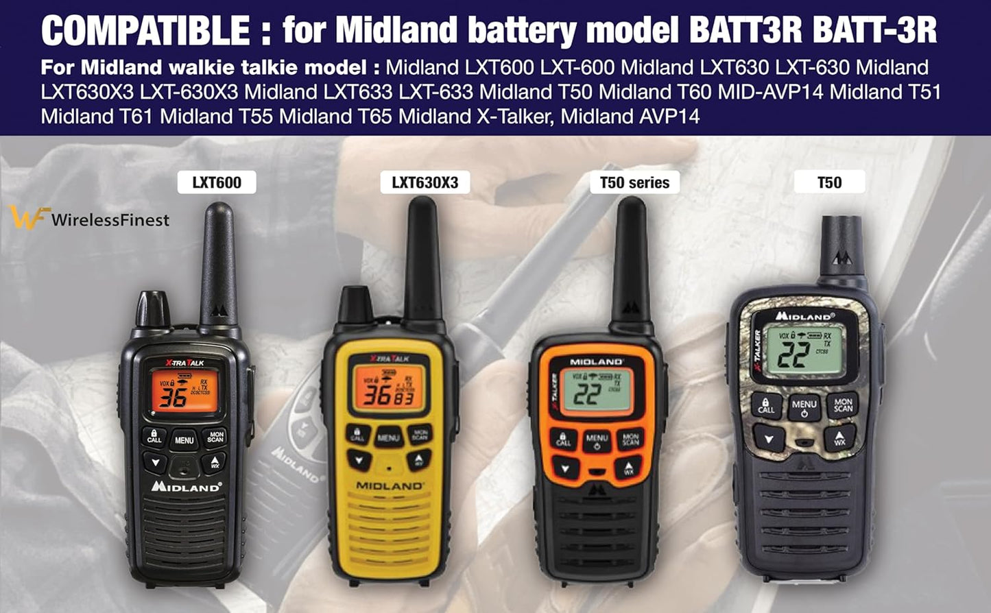 2X BATT3R Rechargeable Battery Pack Replacement for Midland BATT3R BATT-3R, AVP14 LXT600 LXT-600 LXT630 LXT630X3 LXT633 T50, T60, T51, T61, T55, T65, X-Talker Walkie Talkie Radios Batteries 1000mAh
