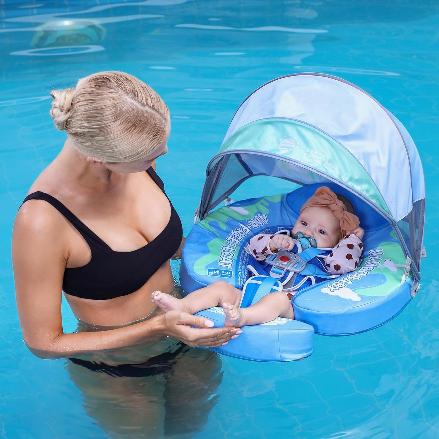 Mambobaby Baby Swim Float with Canopy, Non-Inflatable Solid Baby Float, Upgrade Soft Skin-Friendly Material Infant Swim Float