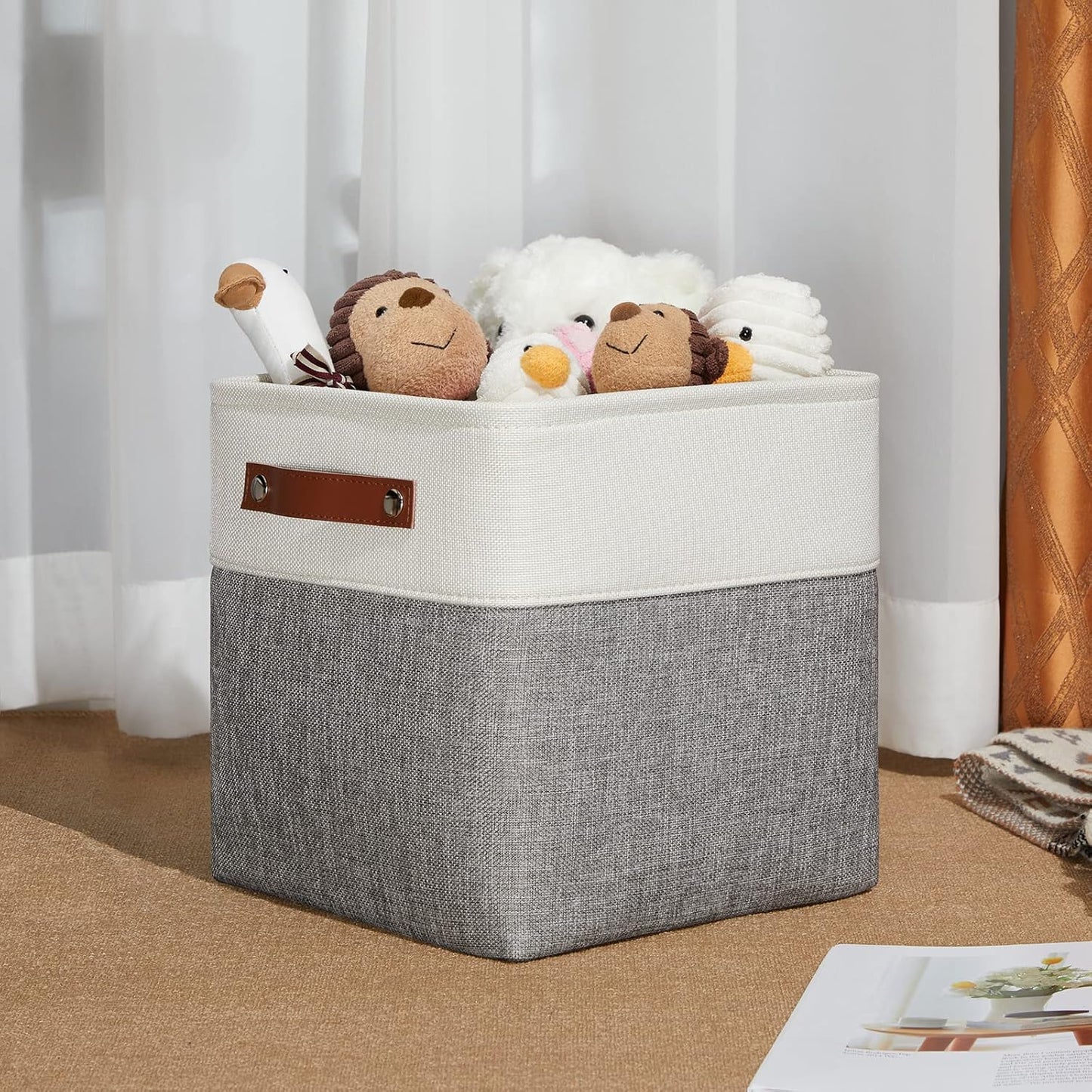 DULLEMELO Storage Baskets for Shelves, Fabric Collapsible Rectangular Storage Bins for Shelves, Closets, Nursery, Home, Office, Empty Gift Baskets (White&Teal)