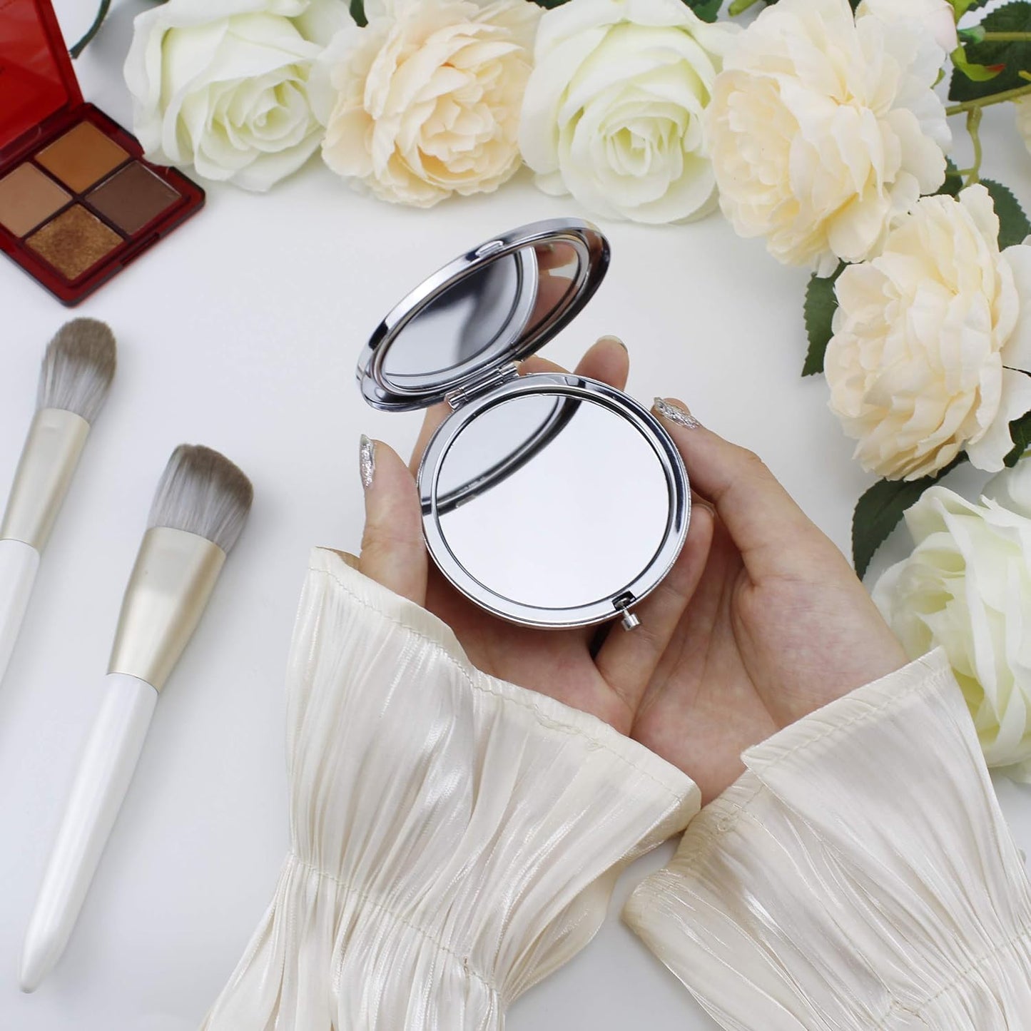 Compact Crystal Pocket Makeup Mirrors Set - Letter Mirror and Love Knot Bracelets for Bachelorette Party, Bridesmaid Proposal, Wedding Gifts (Champagne-B)