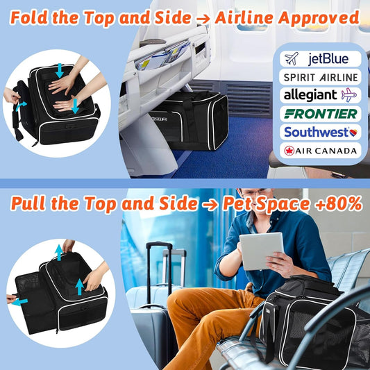Petskd Top and Side Expandable Pet Carrier 17x12x8.5 Inches JetBlue Frontier Spirit Airline Approved, Soft-Sided Carrier for Small Cats and Dogs with Locking Safety Zipper and Anti-Scratch Mesh(Black) - PuriLite
