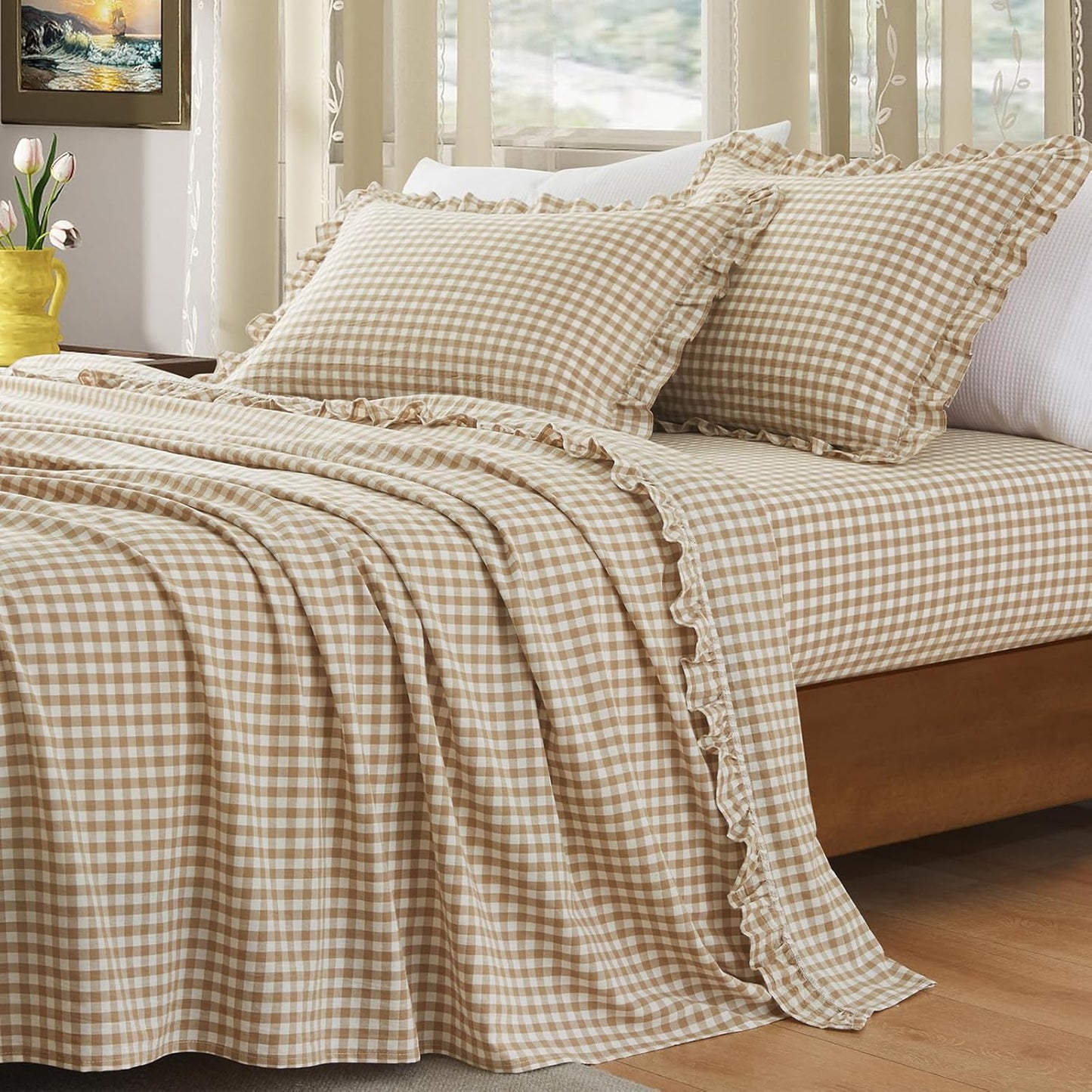KKJIAF 3 Pieces Plaid Ruffle Twin Bed Sheets, Gingham Twin Sheet Set Comfy Breathable Ruffed Bed Sheet Set with 16 Inch Deep Pocket, Dusty Blue