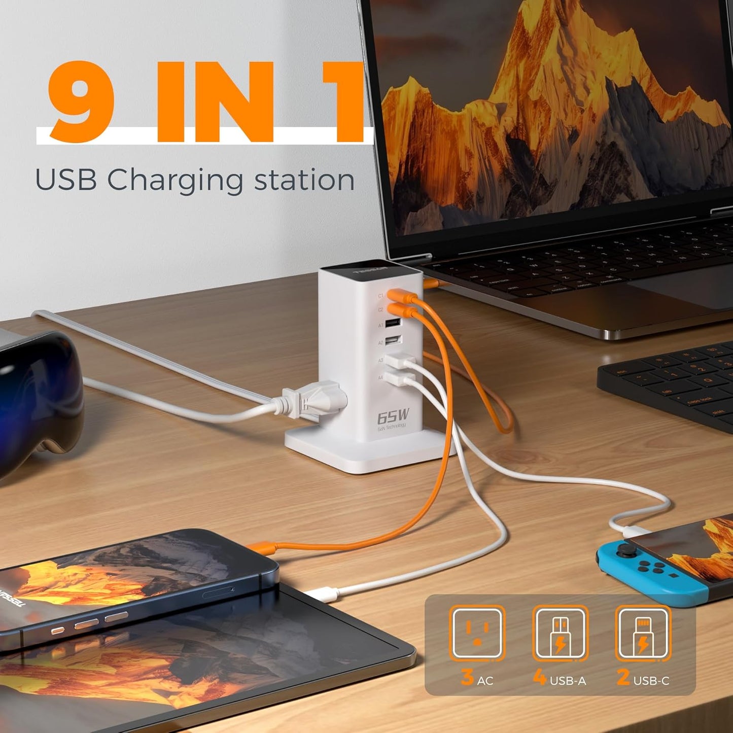 Charging Station, TESSAN 65W Max GaN USB C Charger Block, 6-Ports and 3 AC Outlets Power Tower, Fast Charging for Multiple Devices, Compatible with iPhone, Samsung and More, White