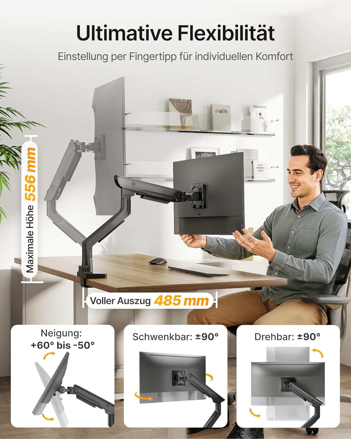 monTEK Premium Aluminum Monitor Arm for 17–57” Ultrawide Screens up to 59 lbs, USB 3.0 Single Desk Mount with Adjustable Gas Spring, Quick-Release Plate, 10-Min Assembly, Clamp/Grommet, VESA 100x100