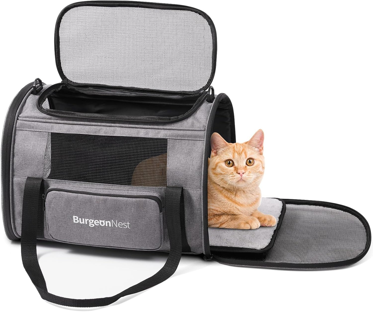 BurgeonNest Cat Carriers for Medium Cats Under 25 lbs, Pet Carrier for Cats with Unique Side Bag,Top Load Small Pet Carrier Soft-Sided Escape Proof with 4 Ventilated Windows