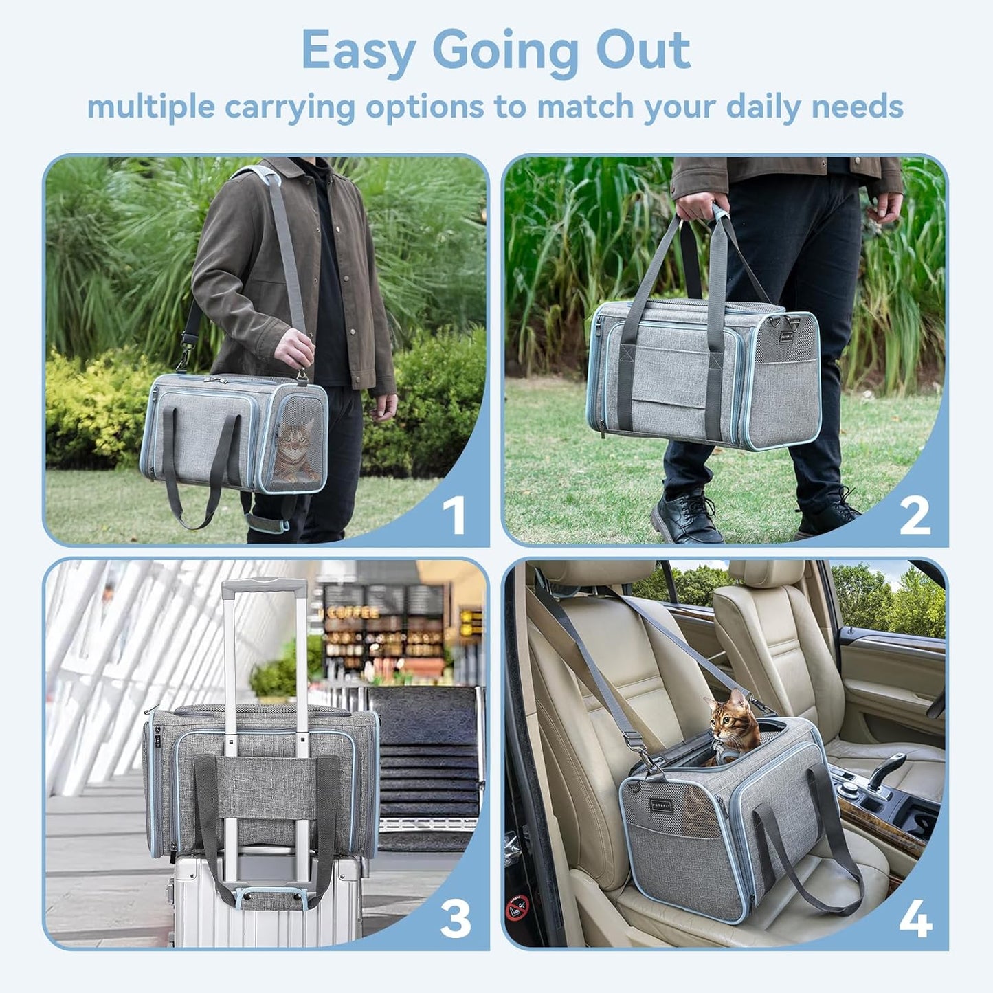 Petsfit Expandable Cat Dog Carrier Airline Approved, 17" L x 11" W x 11" H Soft-Sided Portable Pet Travel Carrier for Kitten, Puppy, Removable Soft Plush Mat and Pockets, Auto-Locking Zippers