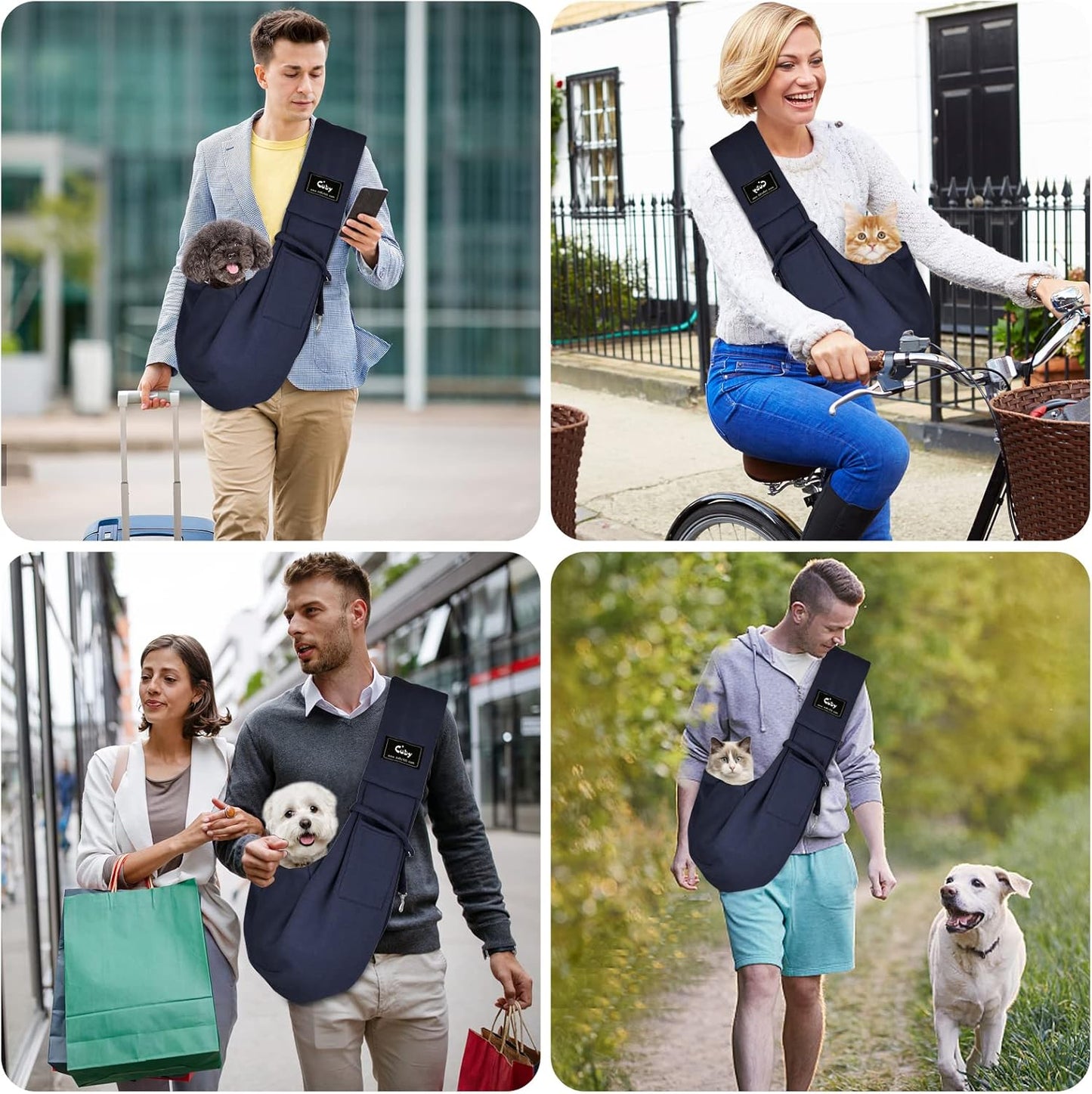 Cuby Adjustable Dog Cat Sling Padded Hard Bottom Pet Carrier Sling Soft Carrying Puppy Bag for Small Dogs Cats Outdoor Travel (Grayish-White)